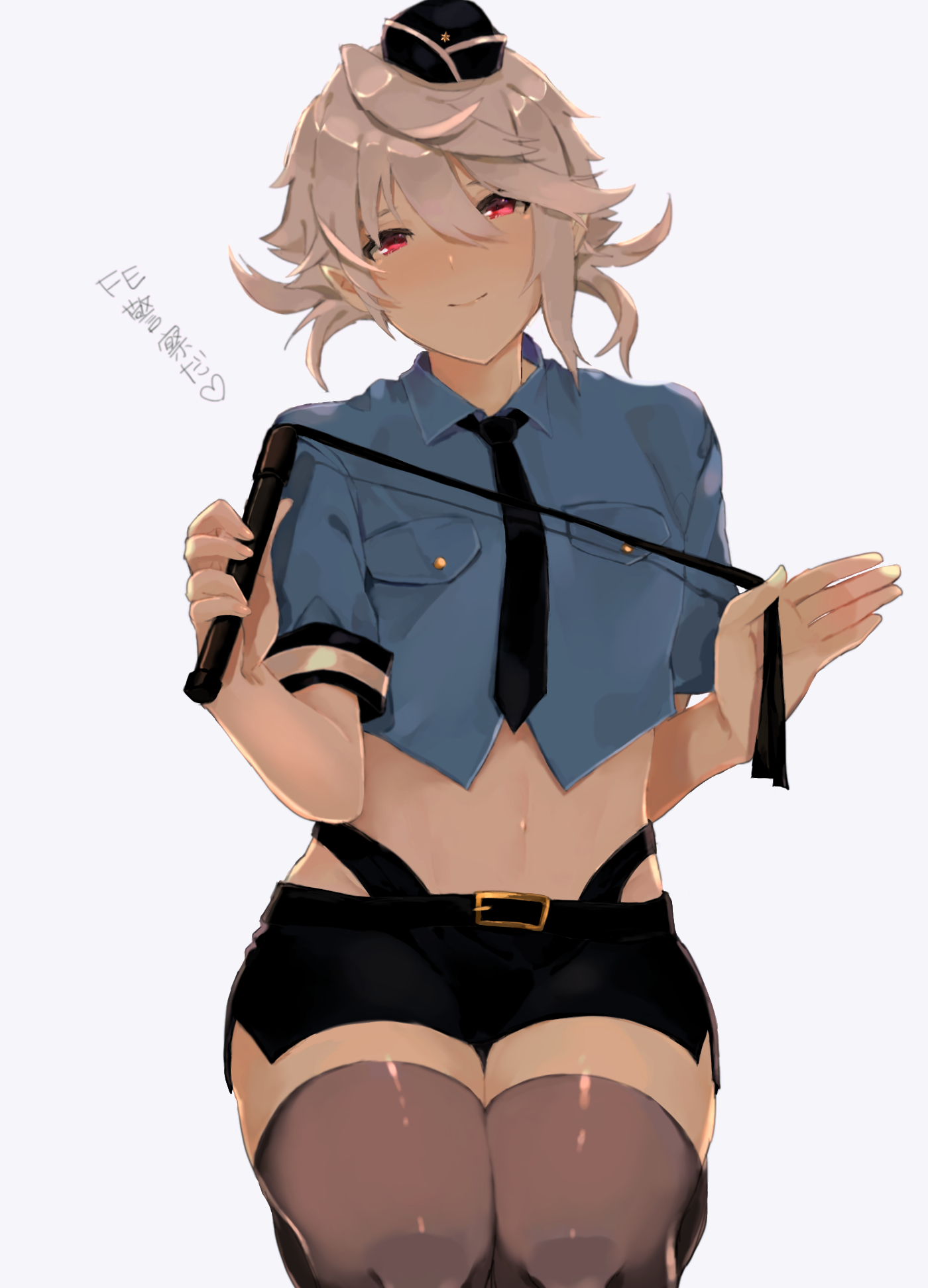 1boy, blonde hair, blush, corrin (fire emblem), corrin (fire emblem) (male), crossdressing, femboy, fire emblem, fire emblem fates, head tilt, highres, kneeling, legs together, looking at viewer, male, male only, midriff, miniskirt, navel, necktie, nintendo, otoko no ko, pointy ears, police, police uniform, red eyes, skirt, smile, solo, solo male, thighhighs, translated, trap, uniform, w (1999 kyu), whip