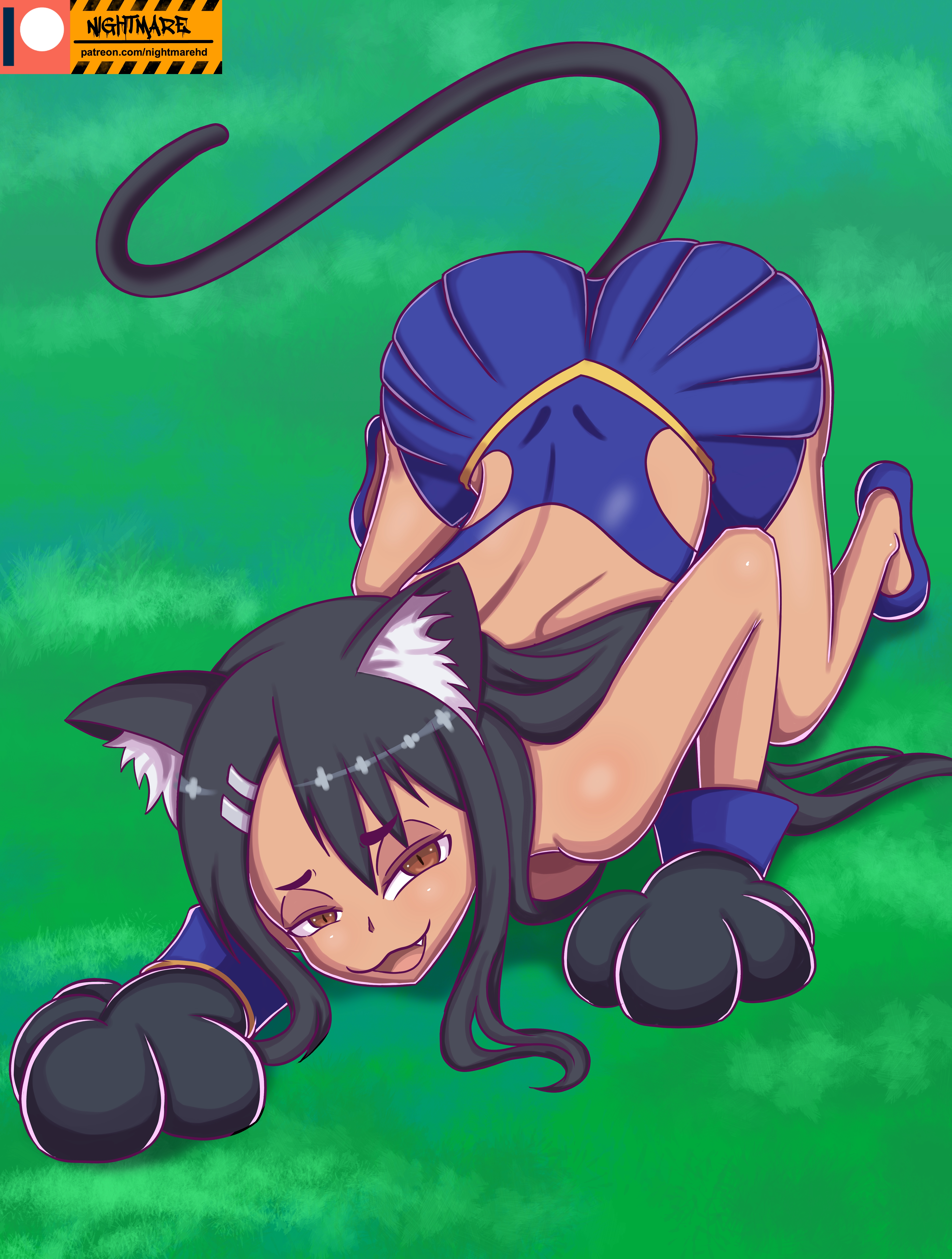 1girls, all fours, black hair, brown eyes, cat ears, cat girl, catgirl, clothed, clothing, costume, female, female focus, female only, hayase nagatoro, hi res, lingerie, long hair, looking at viewer, nightmare hdraw, open mouth, please don't bully me, nagatoro, pose, revealing clothes, simple background, smile, solo, tail, watermark