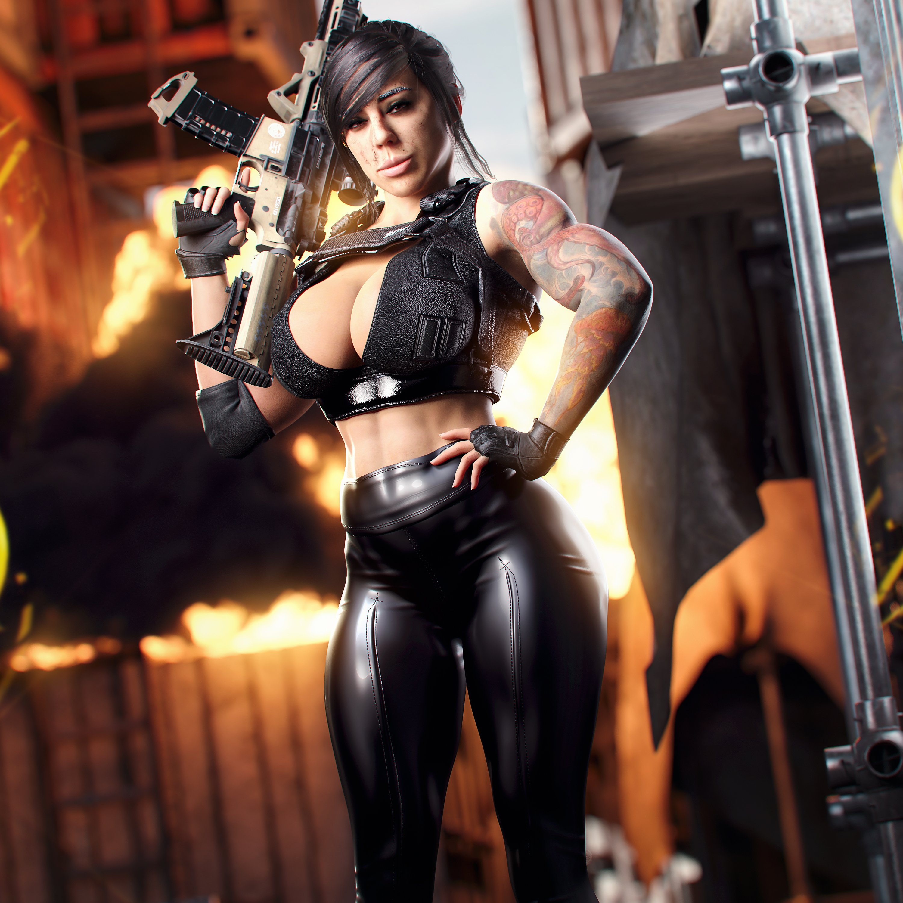 3d, ass, big ass, big breasts, breasts, call of duty, call of duty modern warfare (2019), cleavage, female, gun, mara (cod), muscular, muscular arms, muscular female, noahgraphicz, tattoo