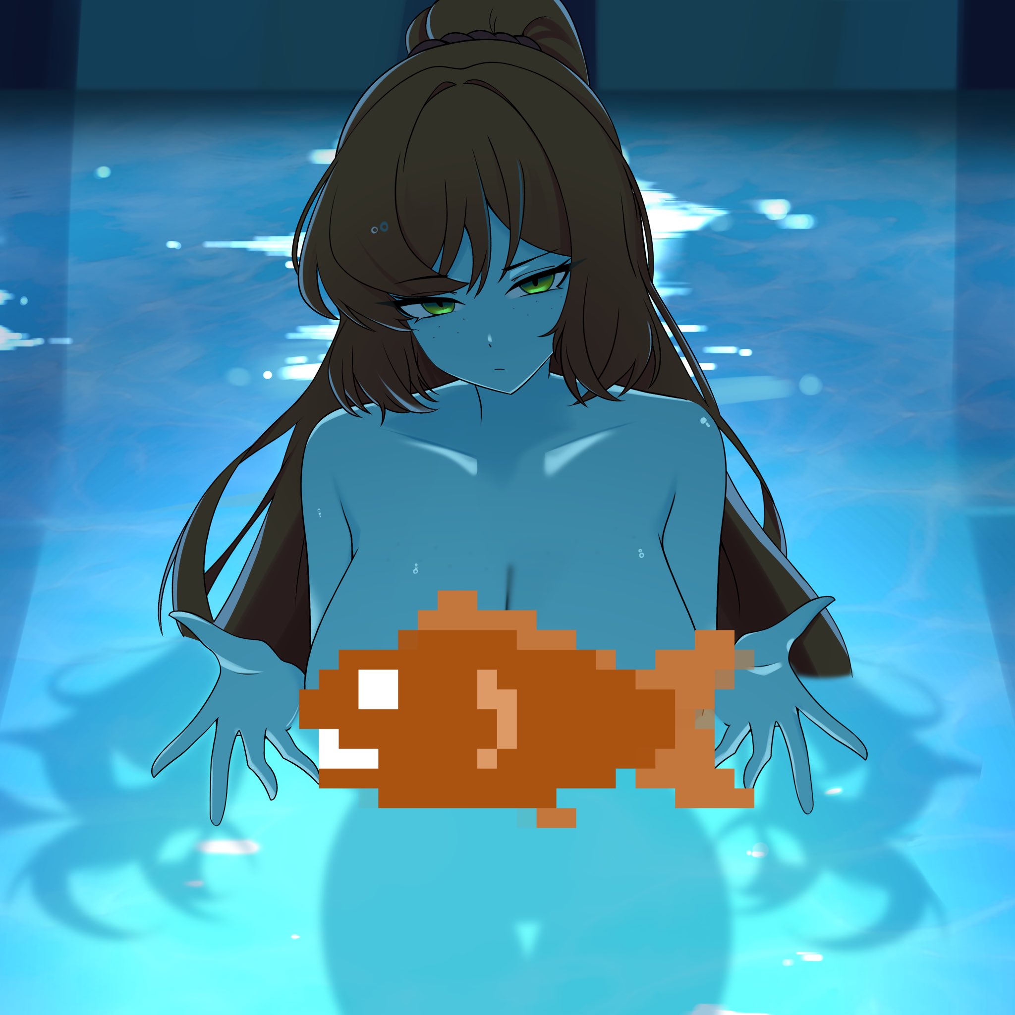 1girl, breasts, breasts out, censored, chainsaw man, convenient censoring, female, female focus, female only, fully nude, fully nude female, green eyes, i'll teach you everything (chainsaw man), in pool, ishmael (limbus company), large breasts, limbus company, long hair, m ayonessa, nude, nude female, orange hair, pool, project moon, reze in the pool (meme), seductive, unclothed