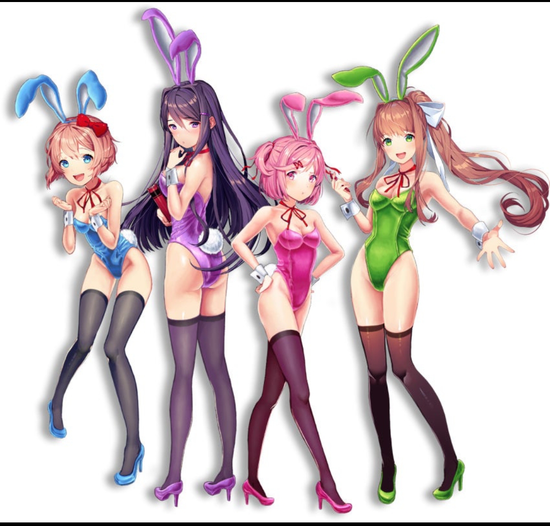 4girls, accurate art style, blue heels, blue stockings, bow, breasts, brown hair, brown stockings, bunny ears, bunnysuit, doki doki literature club, female, female only, game, green eyes, green heels, happy, heels, high heels, holding object, latex, looking at viewer, looking back, monika (doki doki literature club), multiple females, multiple girls, natsuki (doki doki literature club), no bra, no panties, open mouth, pink eyes, pink hair, pink heels, pink stockings, purple eyes, purple hair, purple heels, purple stockings, red ribbon, ribbon, sayori (doki doki literature club), shiny clothes, shy, small breasts, sprite edit, stockings, tall, tight clothing, transparent clothing, tsundere, video games, wrist cuffs, yuri (doki doki literature club)