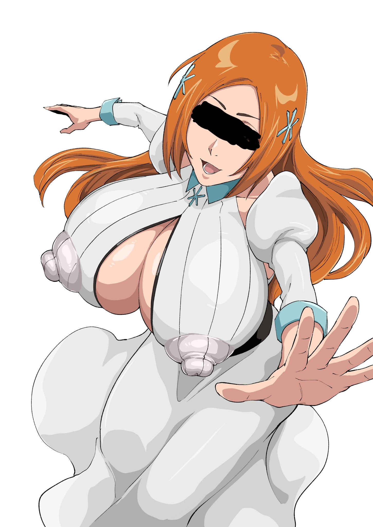 1girl, bleach, bleach: sennen kessen-hen, breasts, censored, censored identity, cleavage, cleavage cutout, clothing cutout, collarbone, covered erect nipples, detached sleeves, female focus, hair ornament, hairclip, highres, inoue orihime, iwao178, large breasts, long hair, long skirt, open mouth, orange hair, simple background, skirt, white background