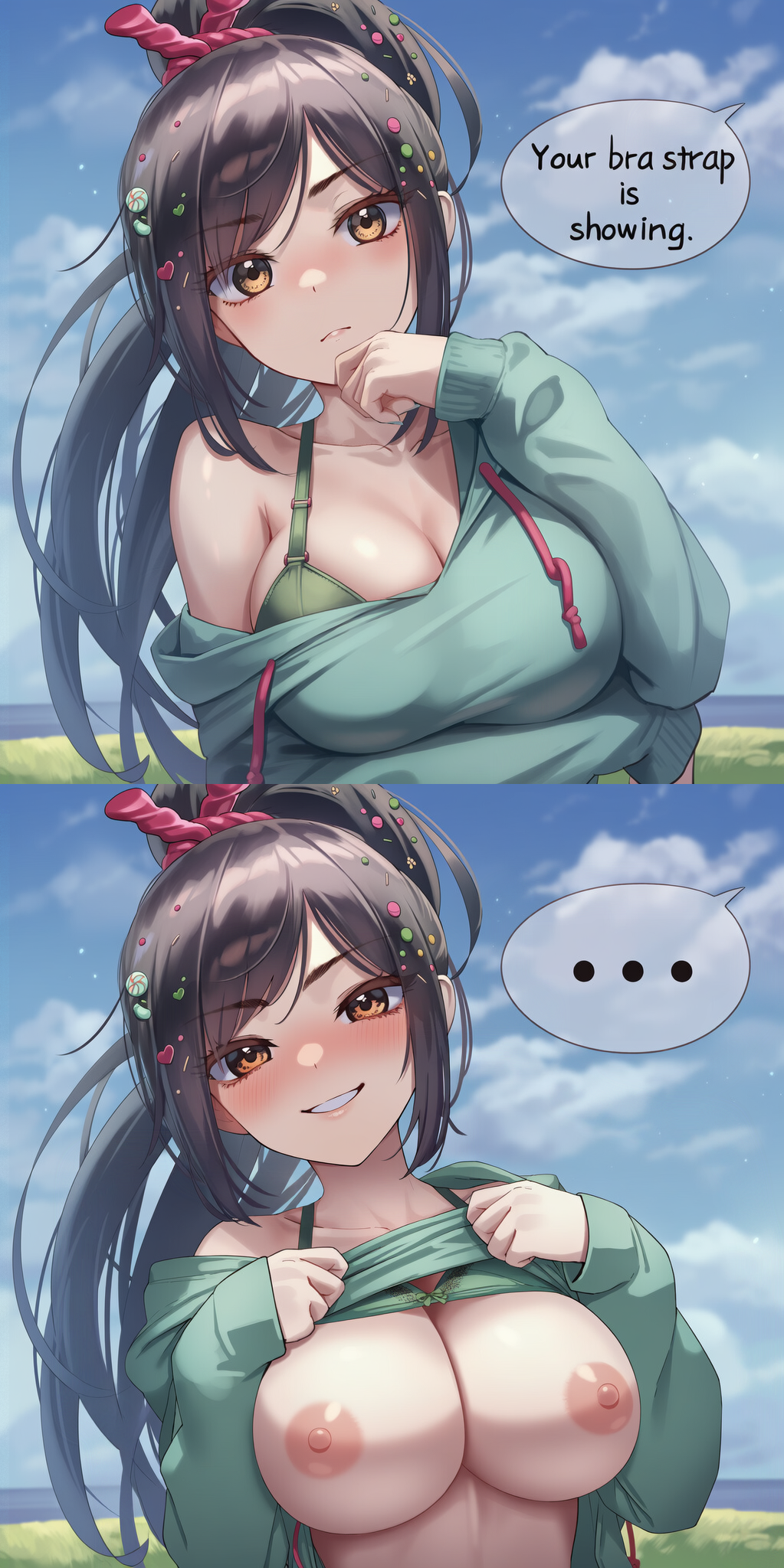 ... 1girls 2koma aged_up ai_generated bare_shoulders big_breasts bra_lift bra_strap bra_strap_is_showing_(meme) breasts cleavage confident dialogue disney english_text facing_viewer female flashing flashing_breasts green_bra large_breasts lifting_bra lifting_shirt looking_at_viewer meme nipples nokani self_upload shirt_lift shirt_lifted_by_self showing_breasts smile smug solo speech_bubble talking text upper_body vanellope_von_schweetz wreck-it_ralph