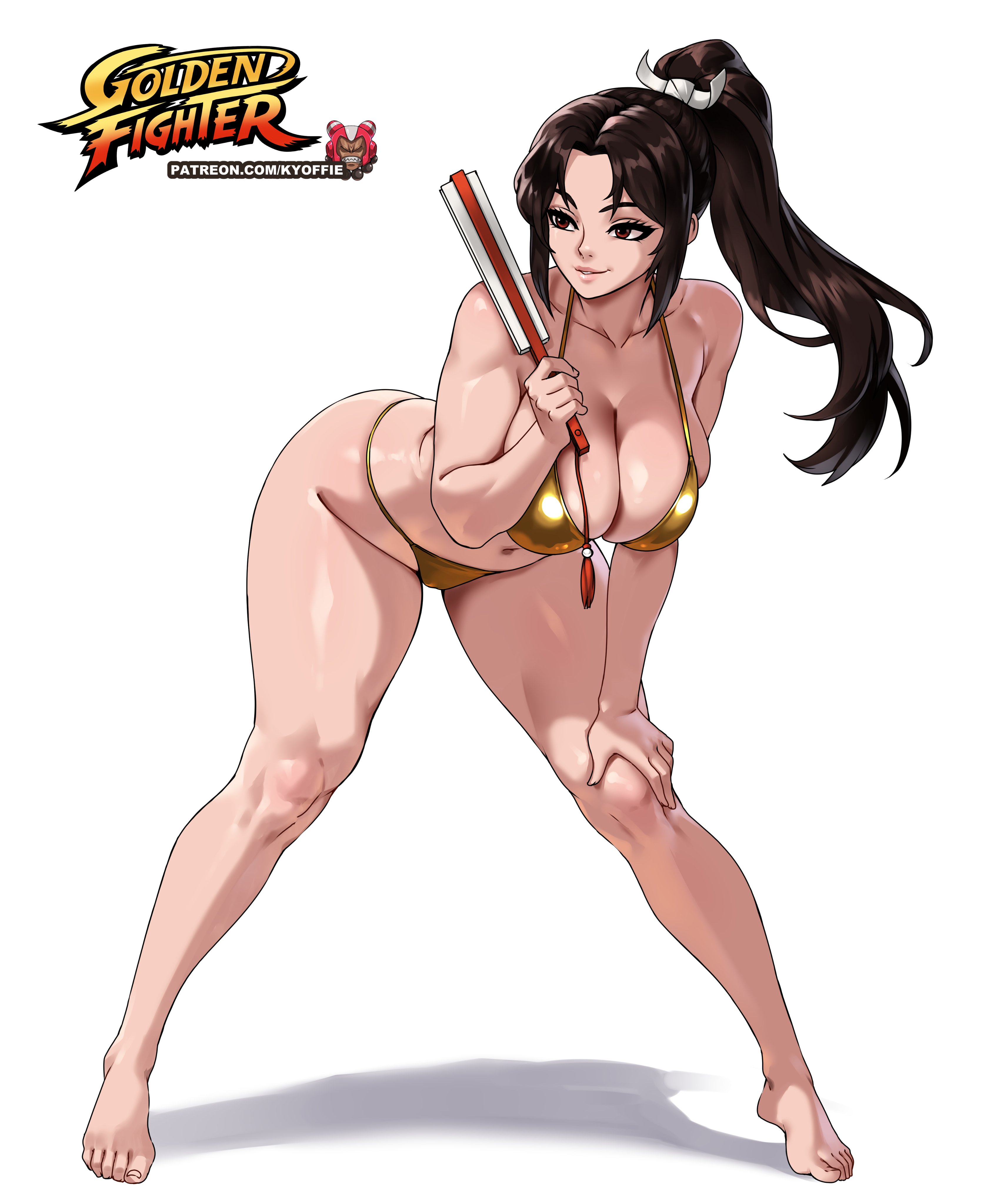 1girls, 2d, artist name, barefoot, big breasts, bikini, breasts, brown hair, cleavage, clothed, clothed female, fatal fury, feet, female, female focus, female only, golden bikini, human, kyoffie, light skin, light-skinned female, long hair, mai shiranui, pinup, pinup pose, ponytail, smile, solo, street fighter, street fighter 6, swimsuit, tagme, thighs, toes, white background