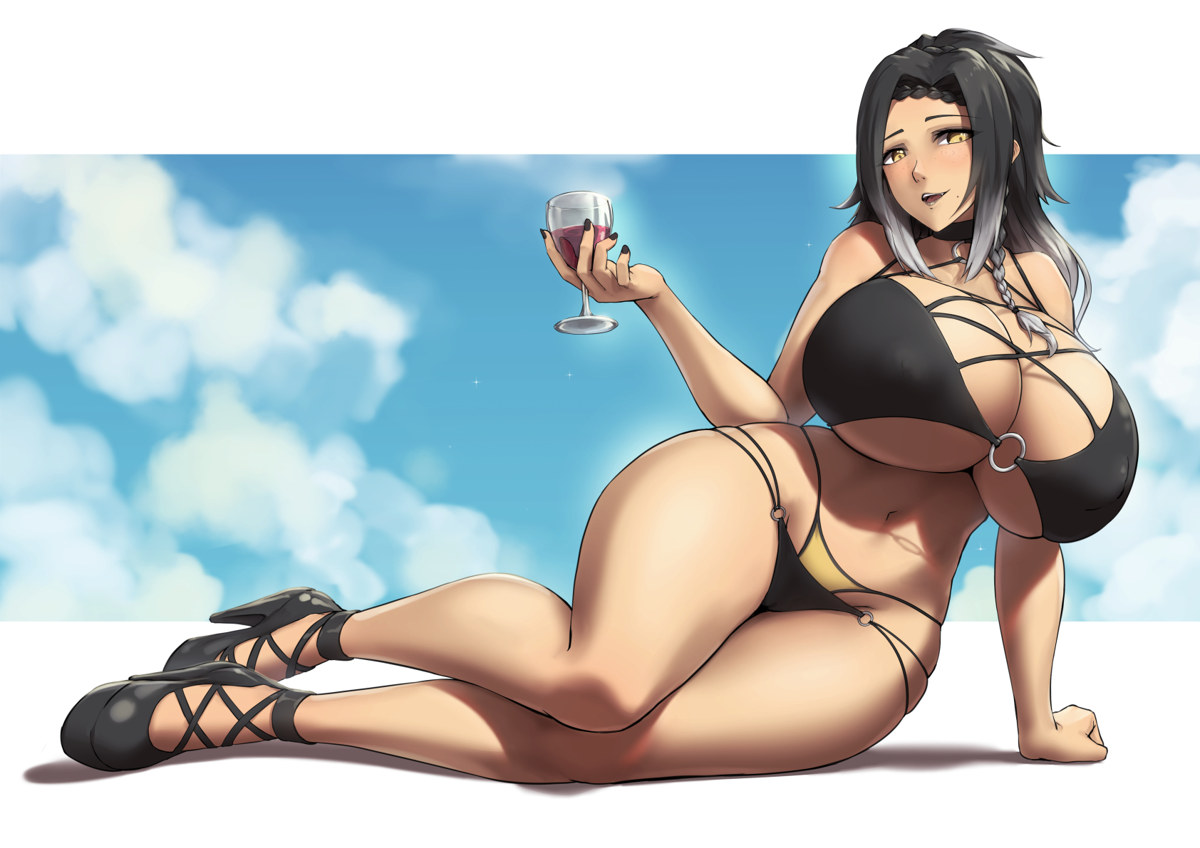 bikini, black hair, braid, breasts, cleavage, clouds, cup, female, female only, gradient hair, hatsune akabane, high heels, huge breasts, mole, multicolored hair, nail polish, navel, o-ring, o-ring bikini, original, packge, sky, solo, thick thighs, underboob, voluptuous, wide hips, wine glass, yellow eyes