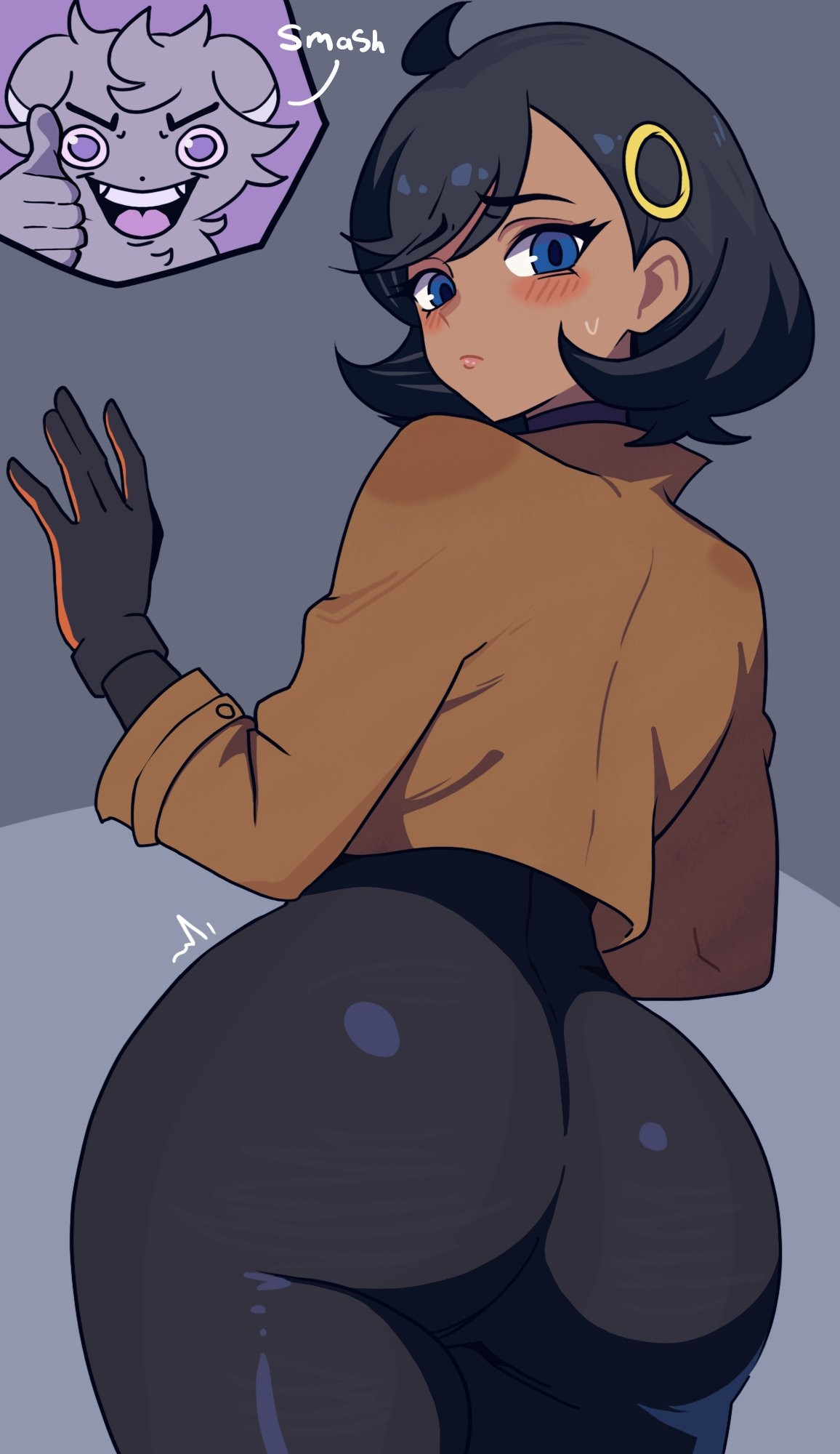 1girl, ass, ass focus, big ass, black hair, blush, bodysuit, bodysuit under clothes, bubble ass, bubble butt, curvy, curvy female, curvy hips, dark skin, dark-skinned female, dat ass, emma (pokemon), espurr, fat ass, female, from behind, gen 6 pokemon, gloves, huge ass, jacket, large ass, looking back, massive ass, matiere (pokemon legends: z-a), matiere (pokemon), nintendo, nyasper, oversized ass, oversized butt, plapbait, pokemon, pokemon legends: z-a, purple eyes, short hair, sleazynavi, straining clothing, thumbs up, tight clothes, tight clothing, tight pants, wide hipped female, wide hips