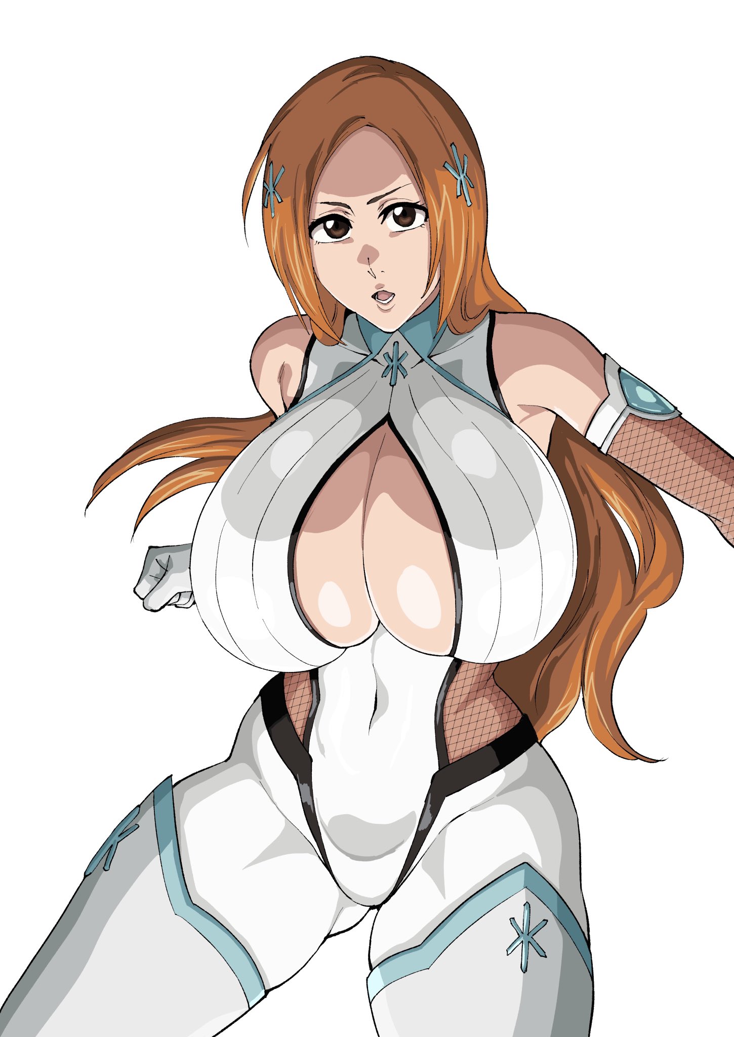 1girl, adapted costume, bare shoulders, bleach, bleach: sennen kessen-hen, bodysuit, breasts, brown eyes, cleavage, cleavage cutout, clothing cutout, collarbone, curvy, elbow gloves, female focus, gloves, hair ornament, hairclip, highres, impossible bodysuit, impossible clothes, inoue orihime, iwao178, large breasts, lips, long hair, looking at viewer, open mouth, orange hair, revealing clothes, simple background, skin tight, sweat, taimanin (series), taimanin asagi, taimanin suit, white background, white bodysuit, wide hips