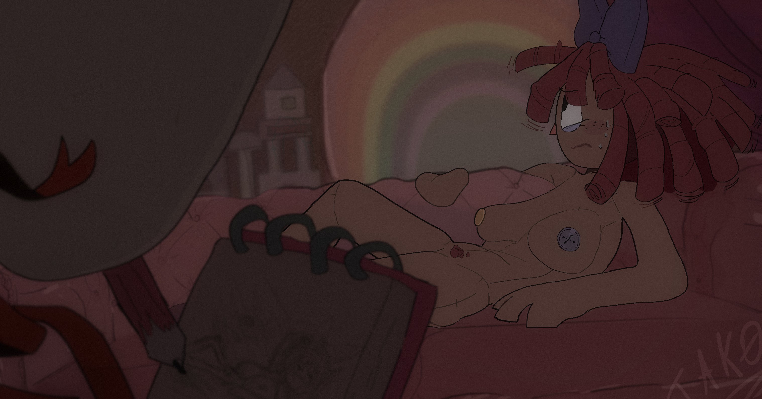 2025, 2girls, bow, breasts, button nipples, dark room, doll girl, draw me like one of your french girls, freckles, gangle, gangle (tadc), gangle (the amazing digital circus), glitch productions, gooseworx, laying on couch, multicolored nipples, nervous, nervous sweat, posing nude, pubic hair, ragatha, ragatha (tadc), ragatha (the amazing digital circus), ragdoll, red hair, red-haired female, sketching, stitches, tagme, tako friend, the amazing digital circus, yuri