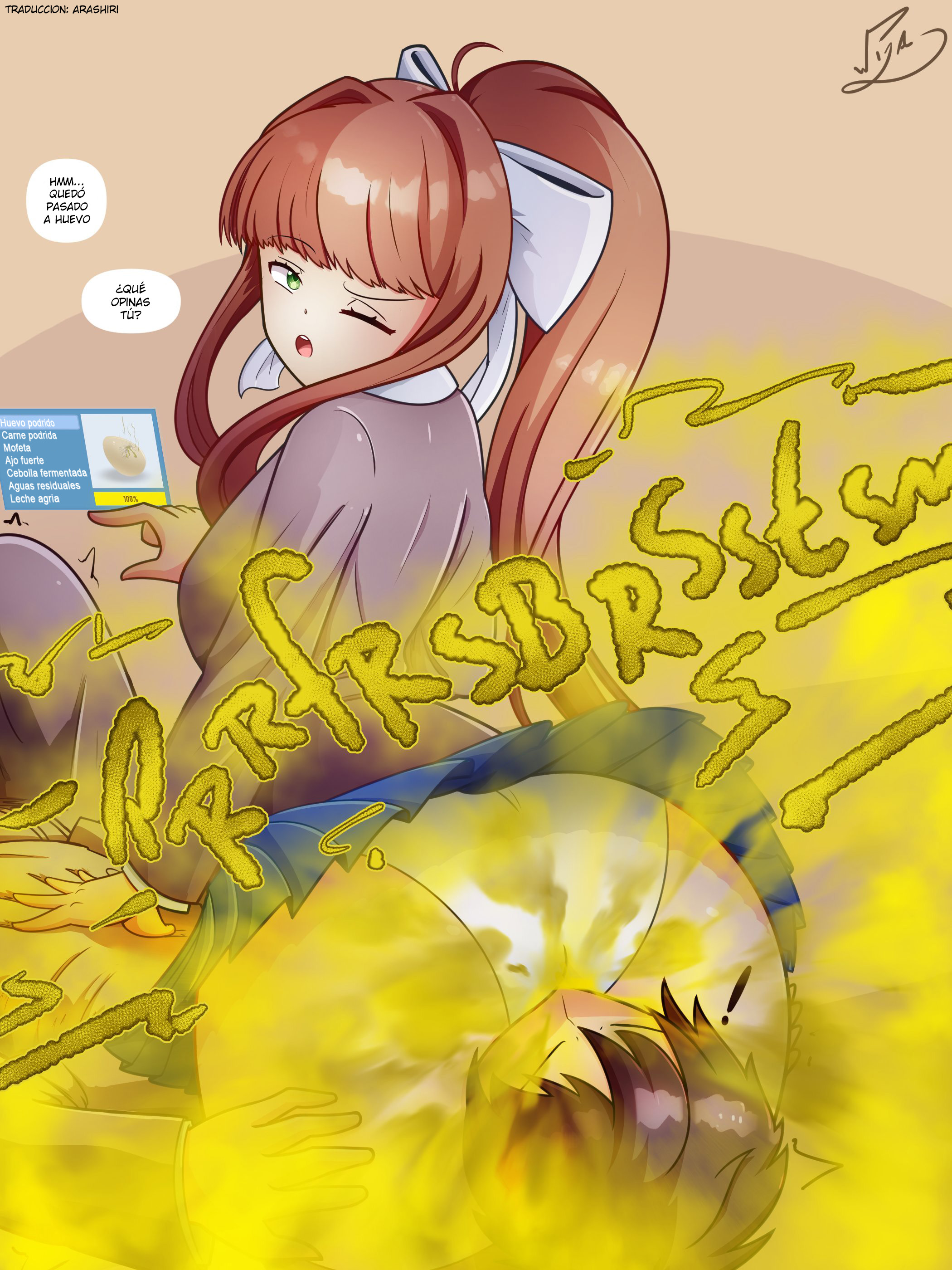 ass, braided hair, doki doki literature club, facefart, facesitting, fart, fart fetish, green eyes, mc (doki doki literature club!), monika (doki doki literature club), panties, skirt, thighs