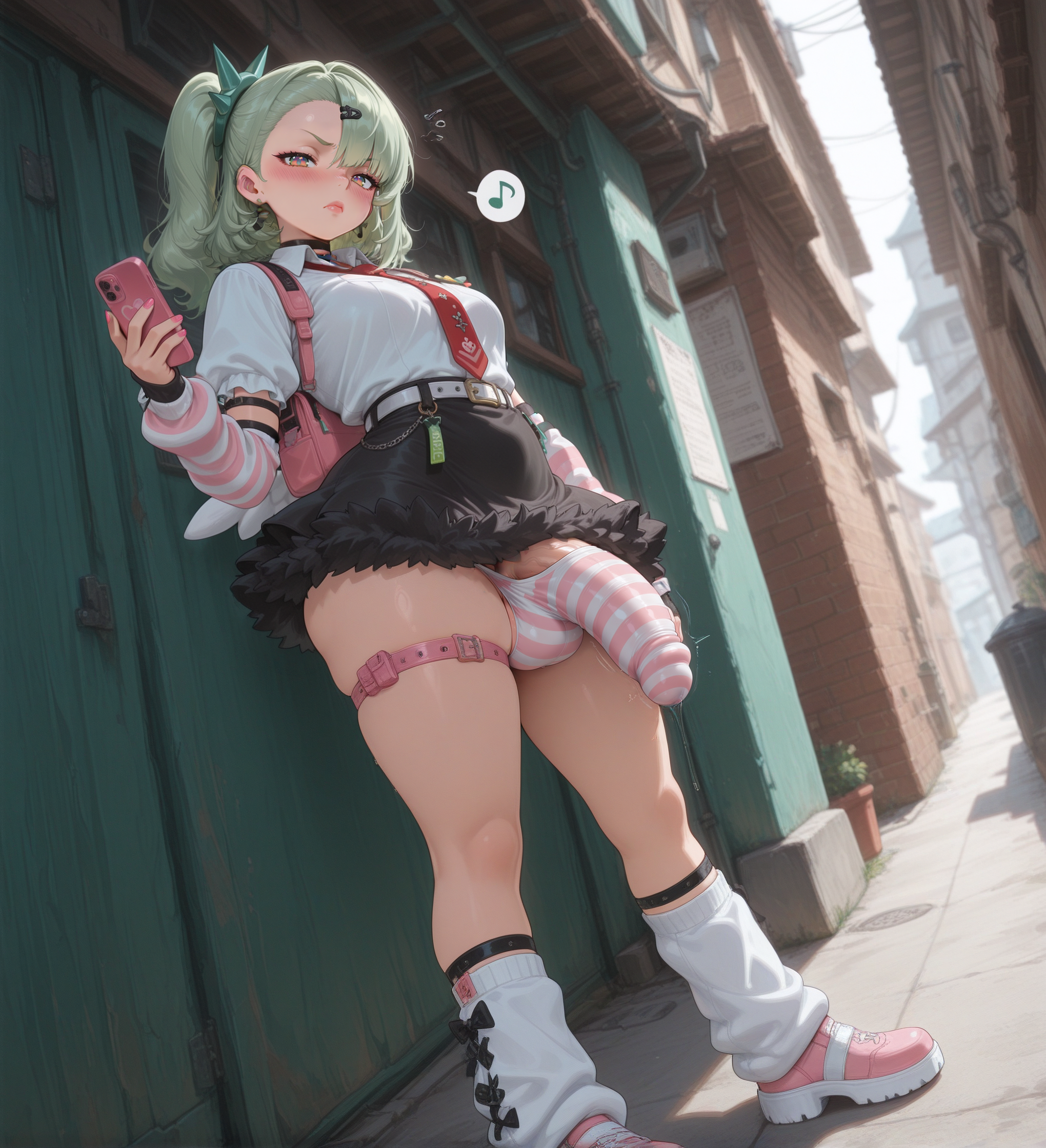ai art, ai generated, angels of delusion, annoyed, annoyed expression, arm warmers, backpack, balls, ballsack, bulge, bulge through clothing, bulge under clothes, civitai, cock, dickgirl, dickgirl focus, disgusted, disgusted expression, disgusted look, full body, fully clothed, futa focus, futanari, hair ornament, heavy blush, hi res, high quality, high resolution, highres, holding, holding object, holding phone, huge bulge, huge cock, huge penis, leg warmers, looking at viewer, medium breasts, necktie, panties, panties bulge, patreon, penis, penis bulge, penis in panties, penis under clothes, penis under panties, phone, plump lips, pose, posing, precum, precum drip, precum through clothing, sassy, self upload, side ponytail, skirt, stable diffusion, standing, striped clothes, striped clothing, striped legwear, striped panties, stripes, sunna (zenless zone zero), thick thighs, tie, uncensored, upscaled, yuckle, zenless zone zero