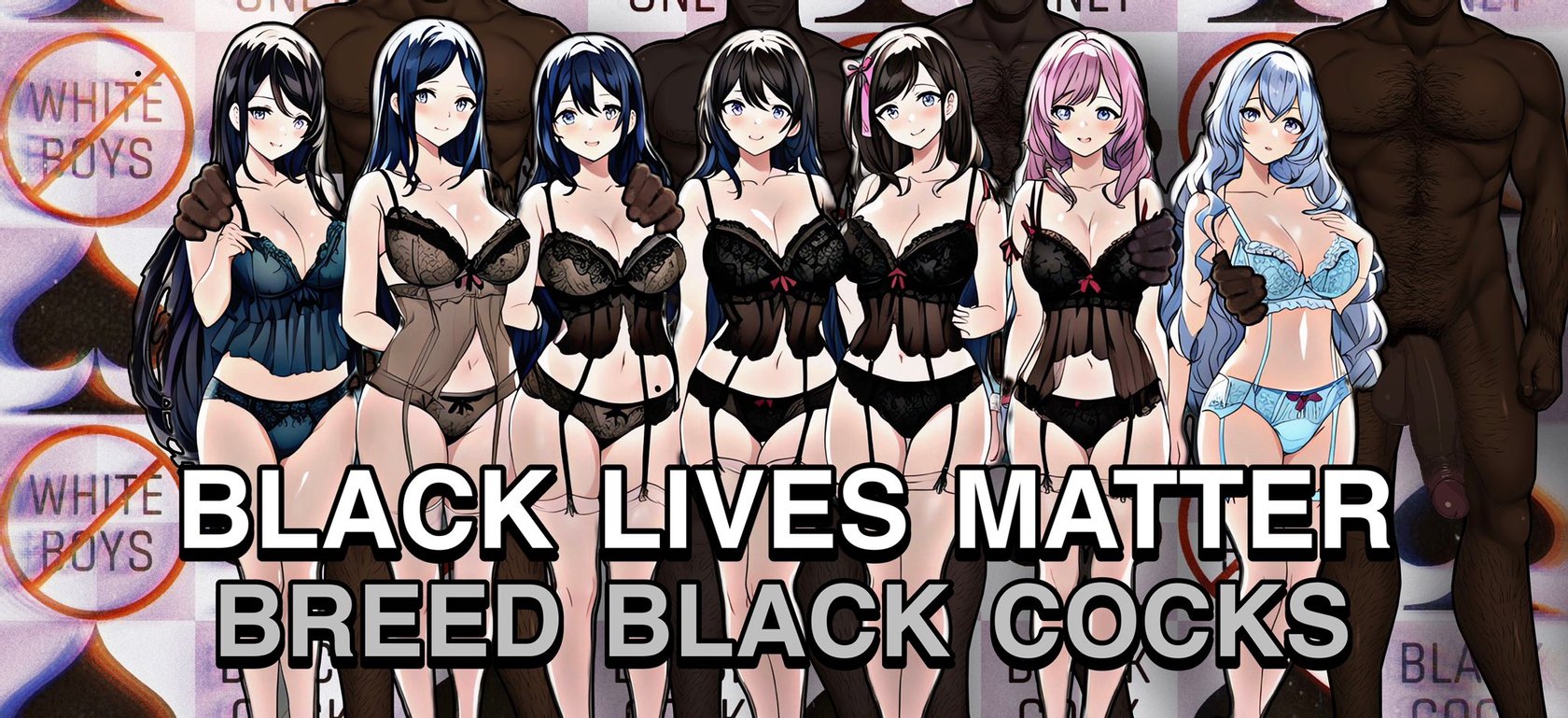 4boys, 7girls, ai generated, big breasts, big penis, black bra, black hair, black lives matter, black panties, blue bra, blue eyes, blue hair, blue panties, body hair, bra, breeding, dark penis, dark-skinned male, denial, garter, garter belt, garter straps, hand on breast, hand on shoulder, huge balls, huge cock, imminent gangbang, imminent group sex, imminent sex, interracial, large breasts, large penis, light-skinned female, lingerie, long hair, looking at viewer, multiple boys, multiple girls, panties, penis, pink hair, qos, queen of spades, queen of spades symbol, smiling, underwear