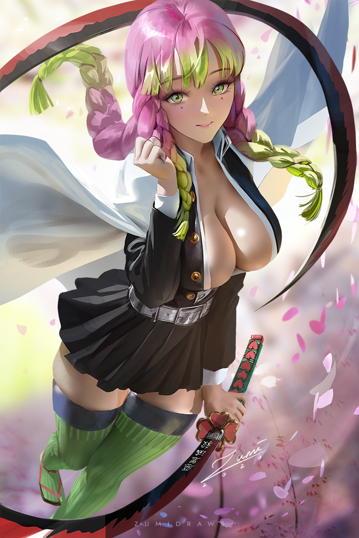 1girls 2020 artist_name artist_signature belt black_skirt braided_hair buttons cleavage demon_slayer female flip_flops flower_petals full_body gold_buttons green_eyes green_hair green_legwear haori high-angle_view highres inner_sideboob kanroji_mitsuri katana kimetsu_no_yaiba legwear lime_hair mole mole_under_eye moles multicolored_hair open_clothes pink_hair pink_lips pink_petals realistic sandals short_skirt signature silver_belt skirt smile smiling smiling_at_viewer solo sword thighhighs weapon white_cape white_skin zumi zumi_(zumidraws)