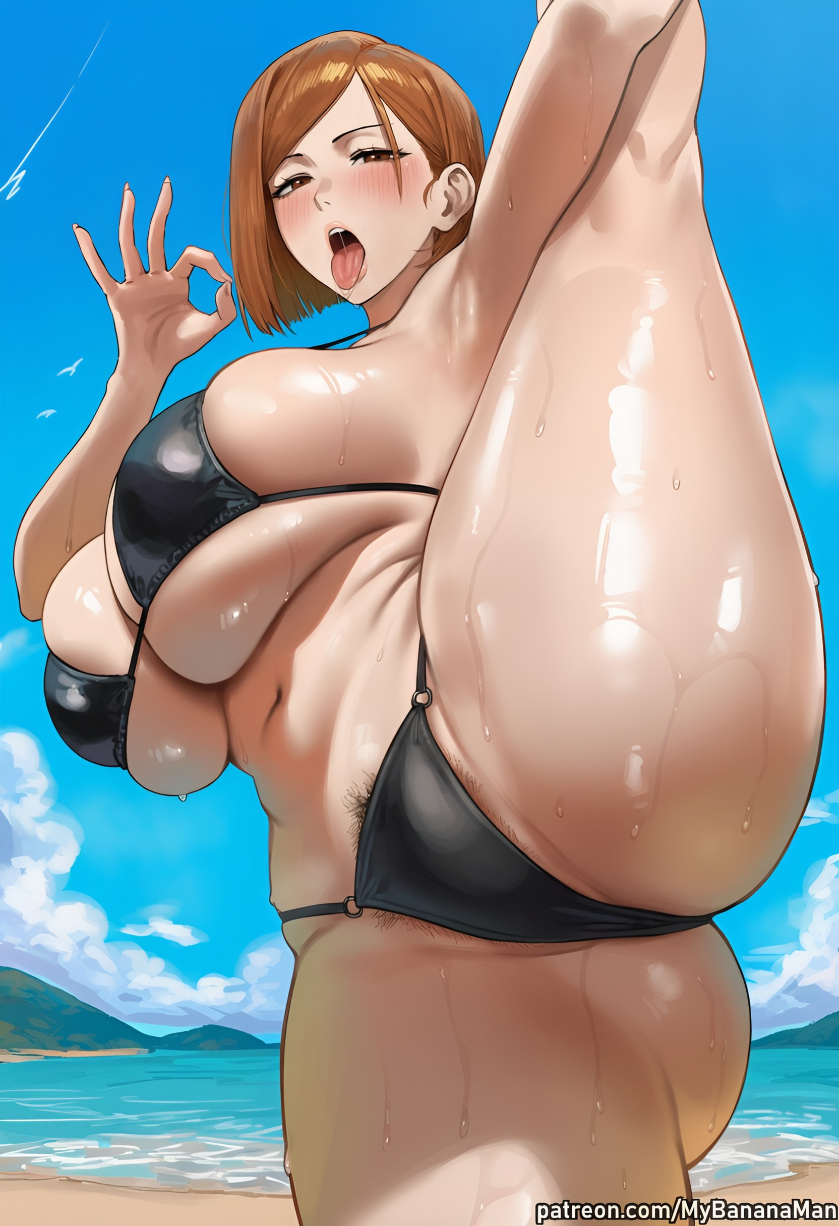 1girl, ai generated, alternate breast size, arm up, armpits, beach, bikini, black bikini, blue sky, blush, breasts, brown eyes, brown hair, cloud, curvy, curvy female, curvy figure, day, fellatio gesture, female, female focus, female pubic hair, huge breasts, jujutsu kaisen, kneepits, kugisaki nobara, large breasts, leg up, looking at viewer, massive breasts, mybananaman, navel, nobara kugisaki, ocean, open mouth, outdoors, patreon username, pubic hair, pubic hair peek, shiny skin, short hair, sky, solo, solo focus, split, standing, standing on one leg, standing split, sweat, sweaty, swimsuit, thighs, tongue, tongue out, underboob, web address