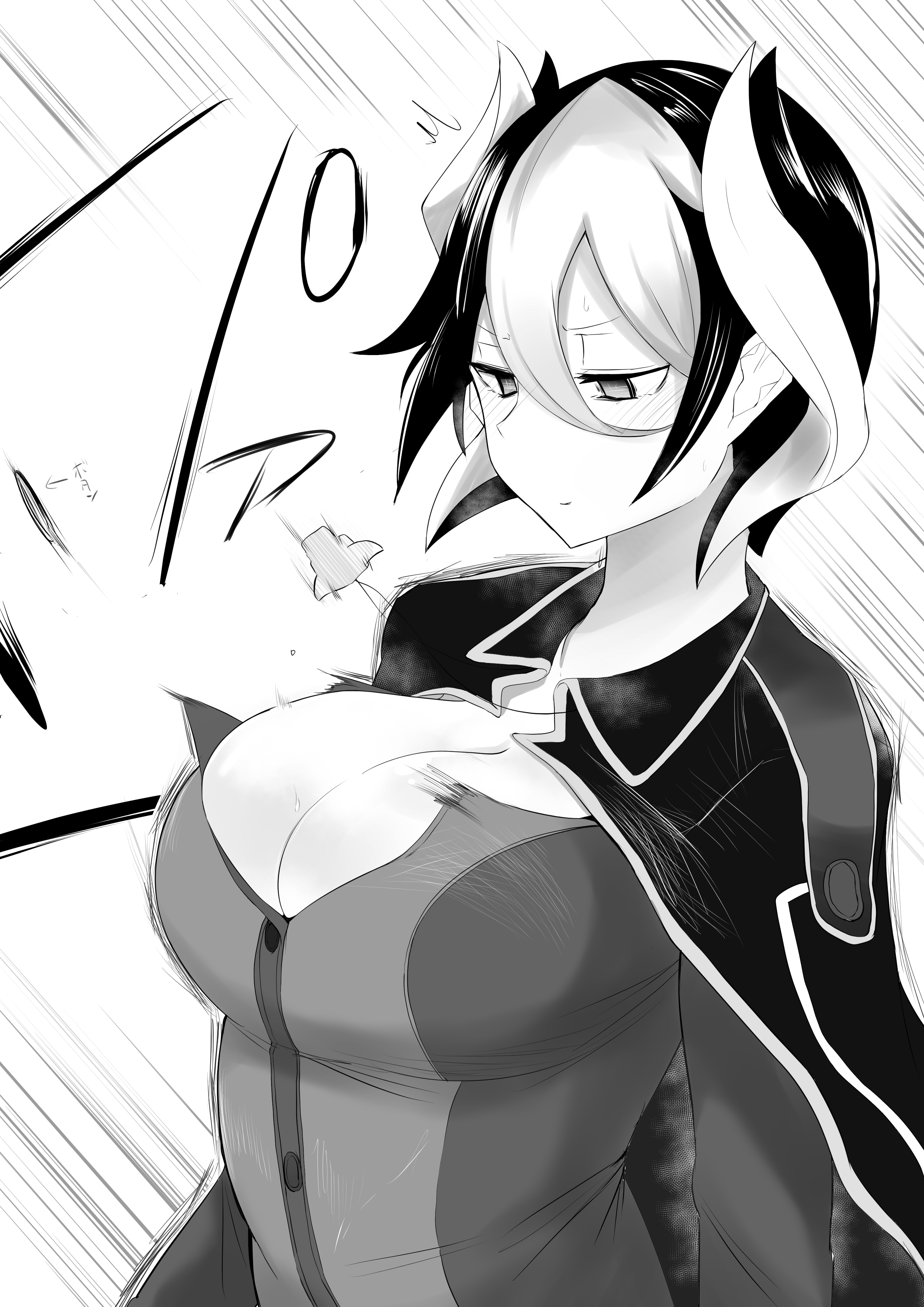 big breasts, breasts, bursting breasts, cleavage, female, female only, made in abyss, monochrome, ozen, popped button, short hair, solo, two-tone hair, upper body, wardrobe malfunction, yaguchiyuki