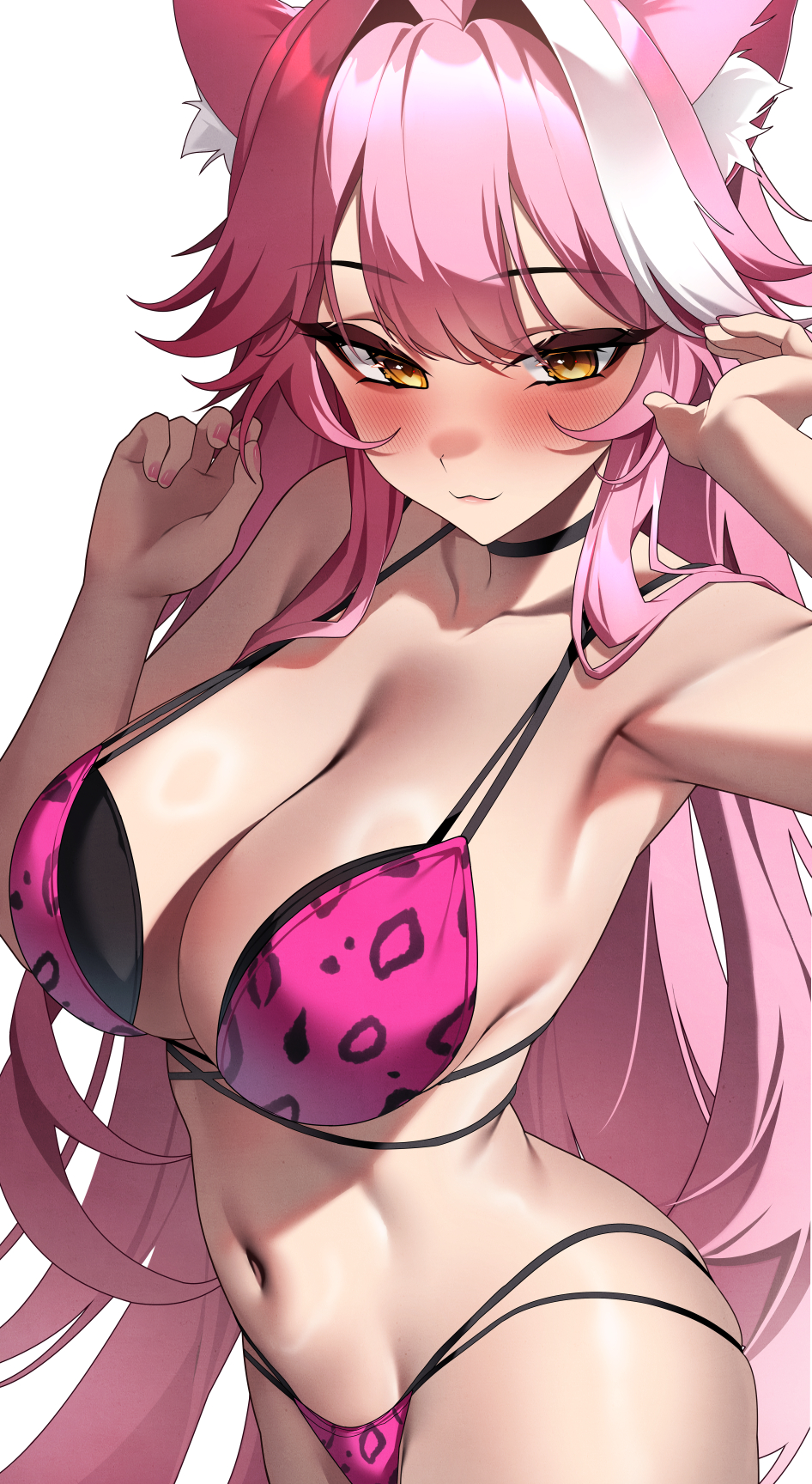 1girl, animal ears, animal print, bare shoulders, bikini, black choker, blush, breasts, choker, cleavage, closed mouth, collarbone, commentary, fingernails, hair intakes, highres, hololive, hololive english, hololive english -justice-, holonatsu paradise, large breasts, leopard print, leopard print bikini, lessone, long hair, looking at viewer, multicolored hair, nail polish, navel, panther ears, panther girl, pink bikini, pink hair, pink lips, pink nails, print bikini, raora panthera, raora panthera (holonatsu paradise), simple background, smile, solo, stomach, streaked hair, swimsuit, thighs, two-tone hair, virtual youtuber, white background, white hair, yellow eyes
