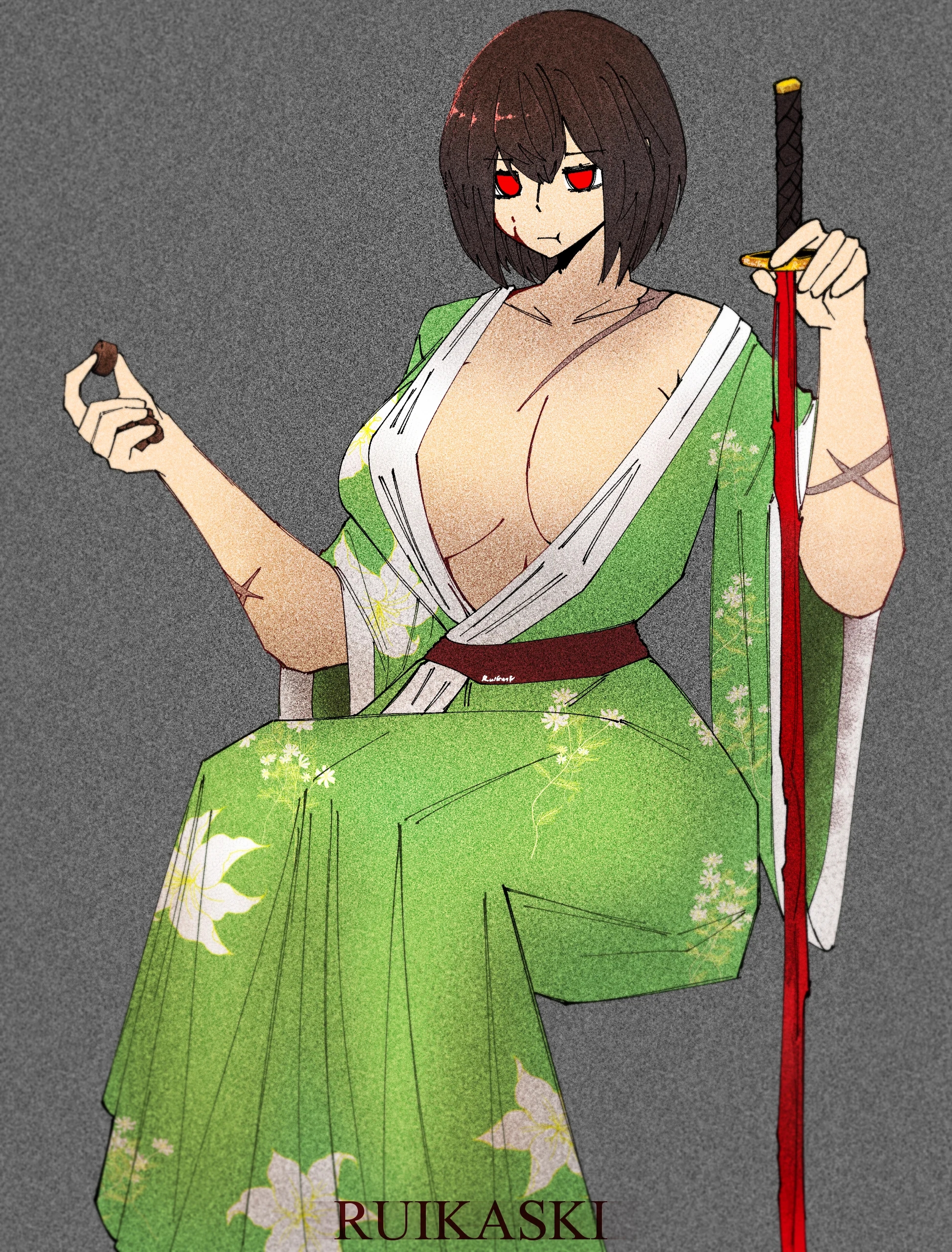 artist request, chara, chocolate, eating food, female chara, holding sword, kimono, large ass, large breasts, solo, solo female, solo focus, text, undertale, undertale (series), would