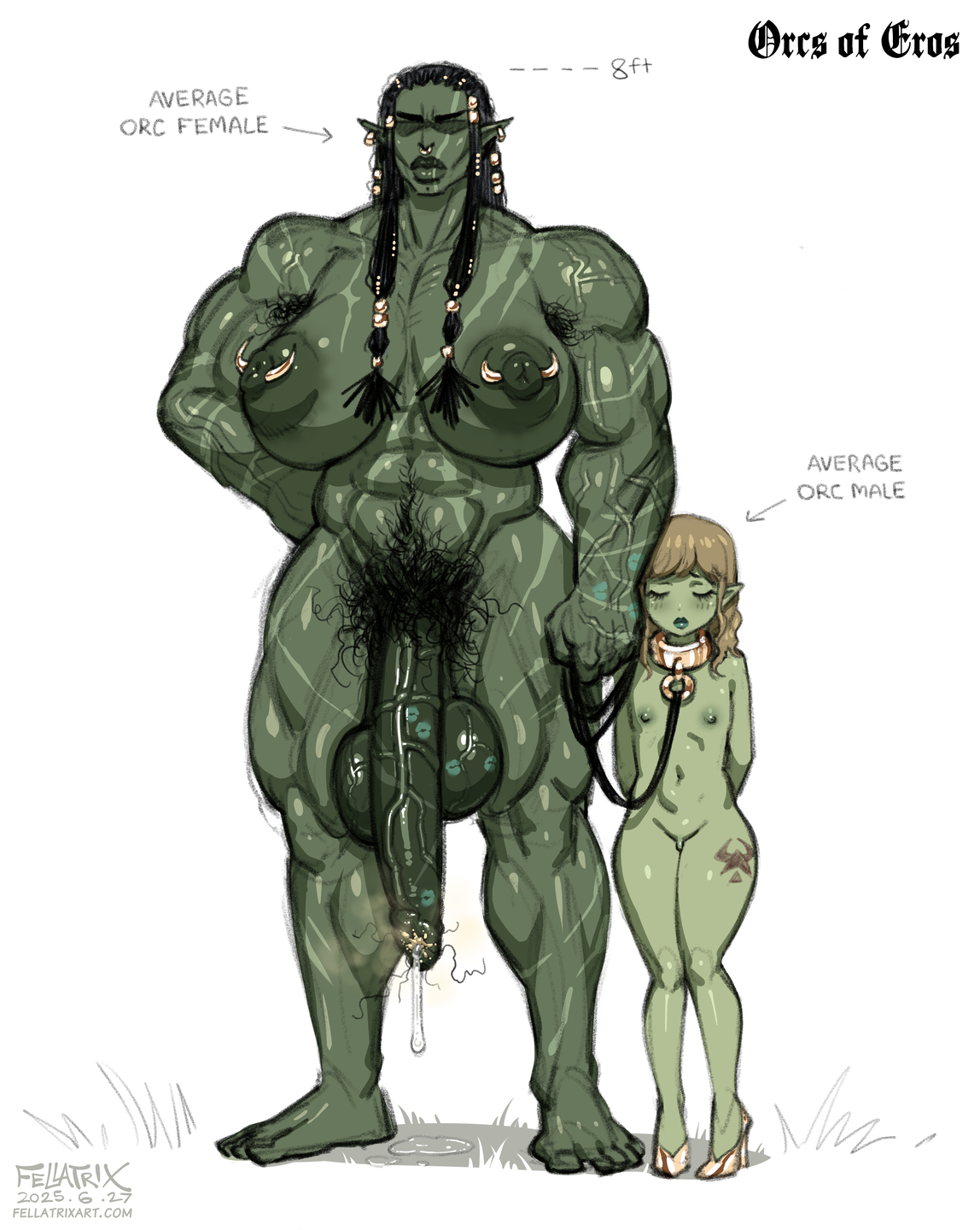 armpit hair, fellatrix, futanari, green skin, huge penis, muscular futa, nipple piercing, orc, orc futa, pubic hair, submissive male