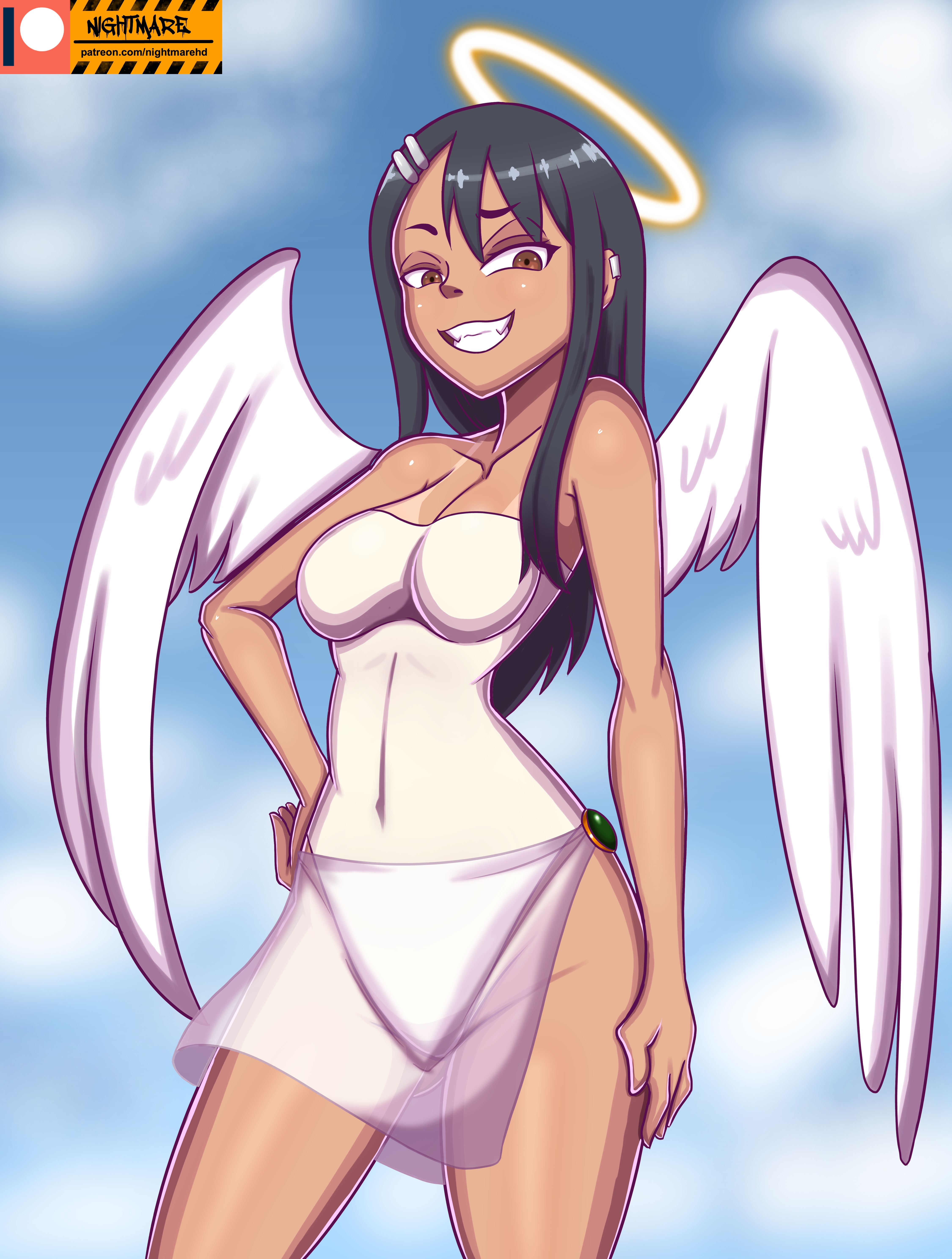 1girls, angel, big breasts, black hair, breasts, brown eyes, cleavage, clothed, clothing, costume, curvy, female, female focus, female only, hayase nagatoro, hi res, lingerie, long hair, looking at viewer, navel, nightmare hdraw, please don't bully me, nagatoro, pose, revealing clothes, simple background, smile, solo, tanline, tanned, watermark, wide hips