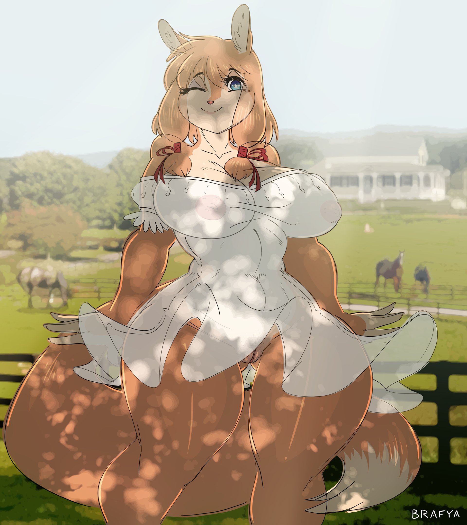 anthro, battle franky, blue eyes, breasts, clothed, clothing, detailed background, female, female only, ferra (battle franky), fluffy, fluffy tail, fox, fur, genitals, nipples, nipples visible through clothing, one eye closed, orange fur, orange hair, partially clothed, pussy, smile, solo, tail, two-tone fur