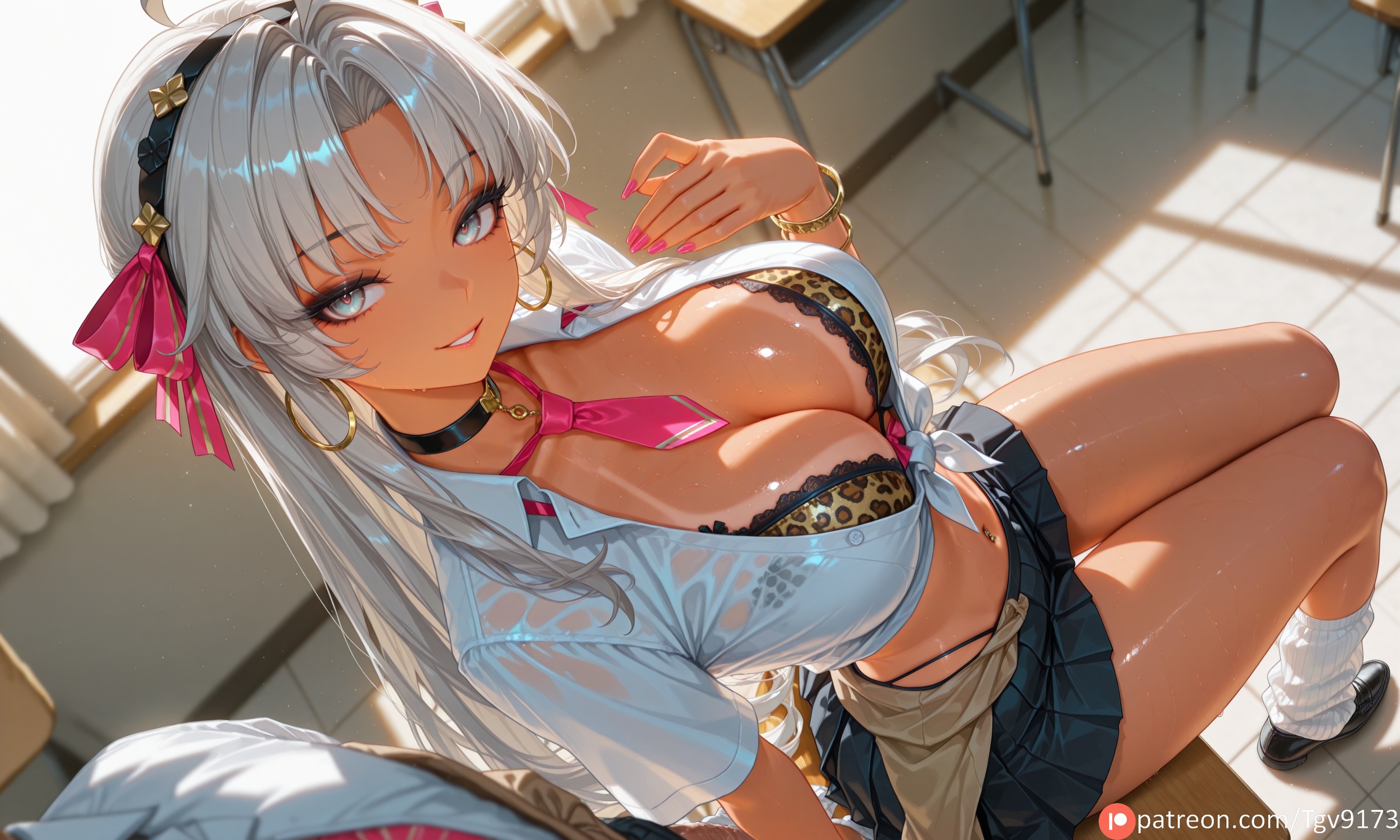 1boy, 1girl, 1girls, ai generated, alternate breast size, alternate breast size (larger), alternate costume, animal print, bangs, bimbo, bimbofication, black bra, bra, bracelet, breasts, carlotta, carlotta (wuthering waves), chair, choker, classroom, cleavage, clothes around waist, commission, commission art, commissions open, corrupted, corruption, dark skin, dark-skinned female, desk, earrings, grey eyes, grey hair, gyaru, gyaru gal, hairband, highleg, highres, hoop earrings, image, image sample, indoors, jewelry, large breasts, leopard print, long hair, looking at viewer, more at source, navel, necktie, panties, parted bangs, parted lips, patreon, pink necktie, pixiv, pixiv commission, pixiv link, pixiv sample, pleated skirt, prostitute, prostitution, provocative, revealing clothes, school chair, school desk, school uniform, self upload, shiny, shiny skin, shirt, sitting, skirt, smile, socks, solo focus, tan, tanlines, tgv9173, thighs, tied shirt, underwear, white hair, wuthering waves