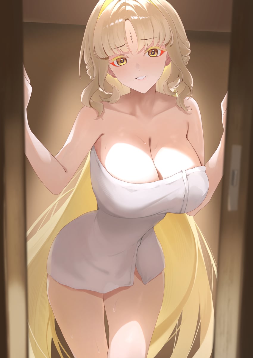 1girl, absurdres, after bathing, blonde hair, breasts, collarbone, commentary request, doorway, highres, indoors, large breasts, leaning forward, long hair, looking at viewer, naked towel, parted lips, pov doorway, smile, solo, suisui (wuthering waves), tacet mark (wuthering waves), tagme, tagme (artist), towel, wuthering waves