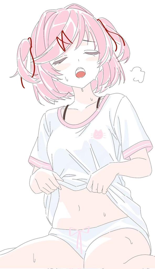 1girl, animal print, blush, bow, bow panties, breasts, cat print, closed eyes, clothes lift, collarbone, commentary, cute, ddlc, doki doki literature club, dot nose, english commentary, feet out of frame, hair intakes, hair ribbon, hot, jpg, lifting own clothes, natsuki (doki doki literature club), navel, open mouth, panties, pink hair, pink trim, puff of air, questionable, rachel campbell, raised inner eyebrows, red ribbon, ribbon, serenity forge, shirt, shirt lift, short hair, short sleeves, simple background, sitting, small breasts, solo, split mouth, strap, sweat, swept bangs, t-shirt, team salvato, teeth, two side up, underwear, upper teeth only, very sweaty, white background, white panties, white shirt, wholesome