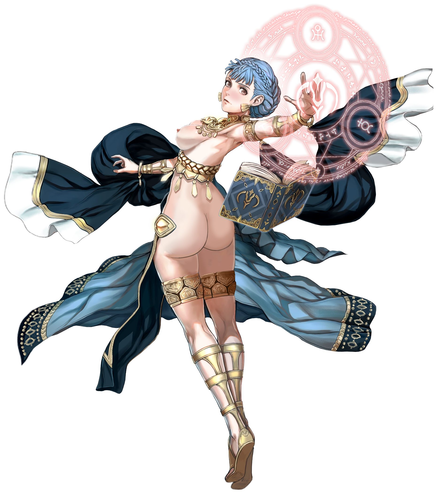 1girls, alternate costume, ass, back view, biggitybiggitybig, blue hair, book, breasts, brown eyes, dancer, dancer (three houses), earrings, edit, female, fire emblem, fire emblem heroes, fire emblem: three houses, frown, large ass, light blue hair, magic, marianne (fire emblem), marianne von edmund, medium breasts, nintendo, nipples, nude, nude female, nude filter, short hair, solo, transparent background