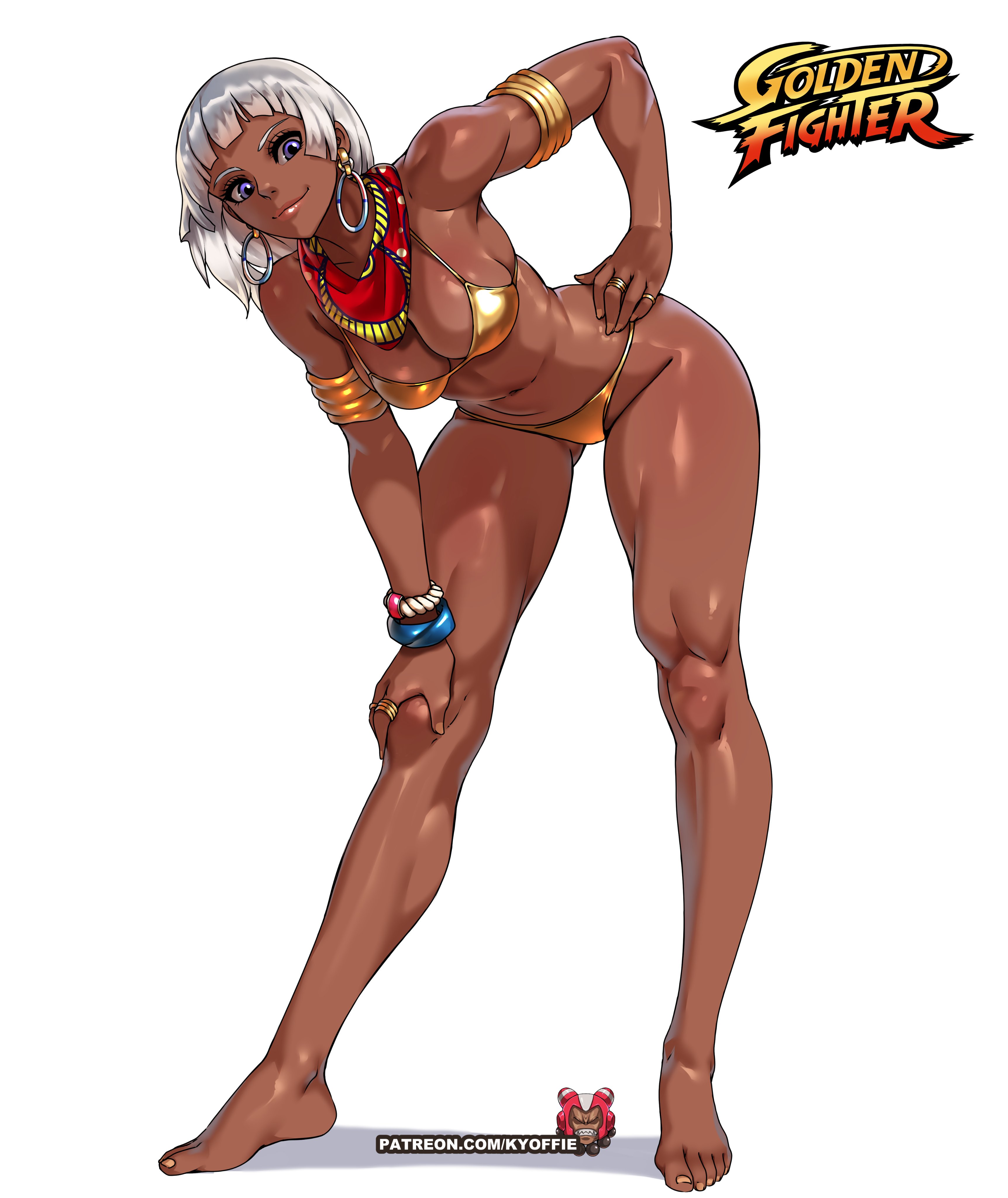 2d, bikini, elena (street fighter), female, female focus, female only, golden bikini, kyoffie, pinup, pinup pose, street fighter, street fighter 6, tagme
