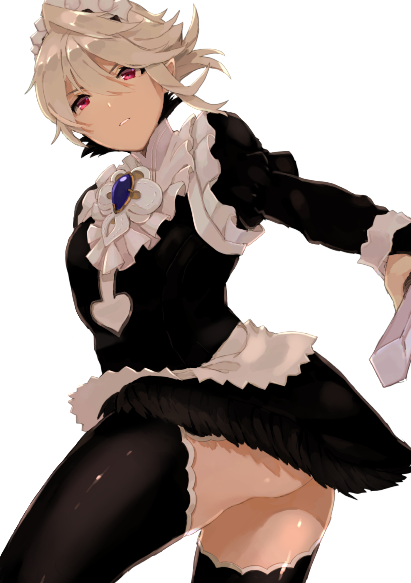 1boy, alternate costume, ass, blonde hair, contrapposto, corrin (fire emblem), corrin (fire emblem) (male), crossdressing, dagger, femboy, fire emblem, fire emblem fates, frills, from below, gay, highres, inner thighs, knife, maid, male, miniskirt, otoko no ko, pointy ears, red eyes, simple background, skirt, thighhighs, trap, twisted torso, w (1999 kyu), weapon, white background