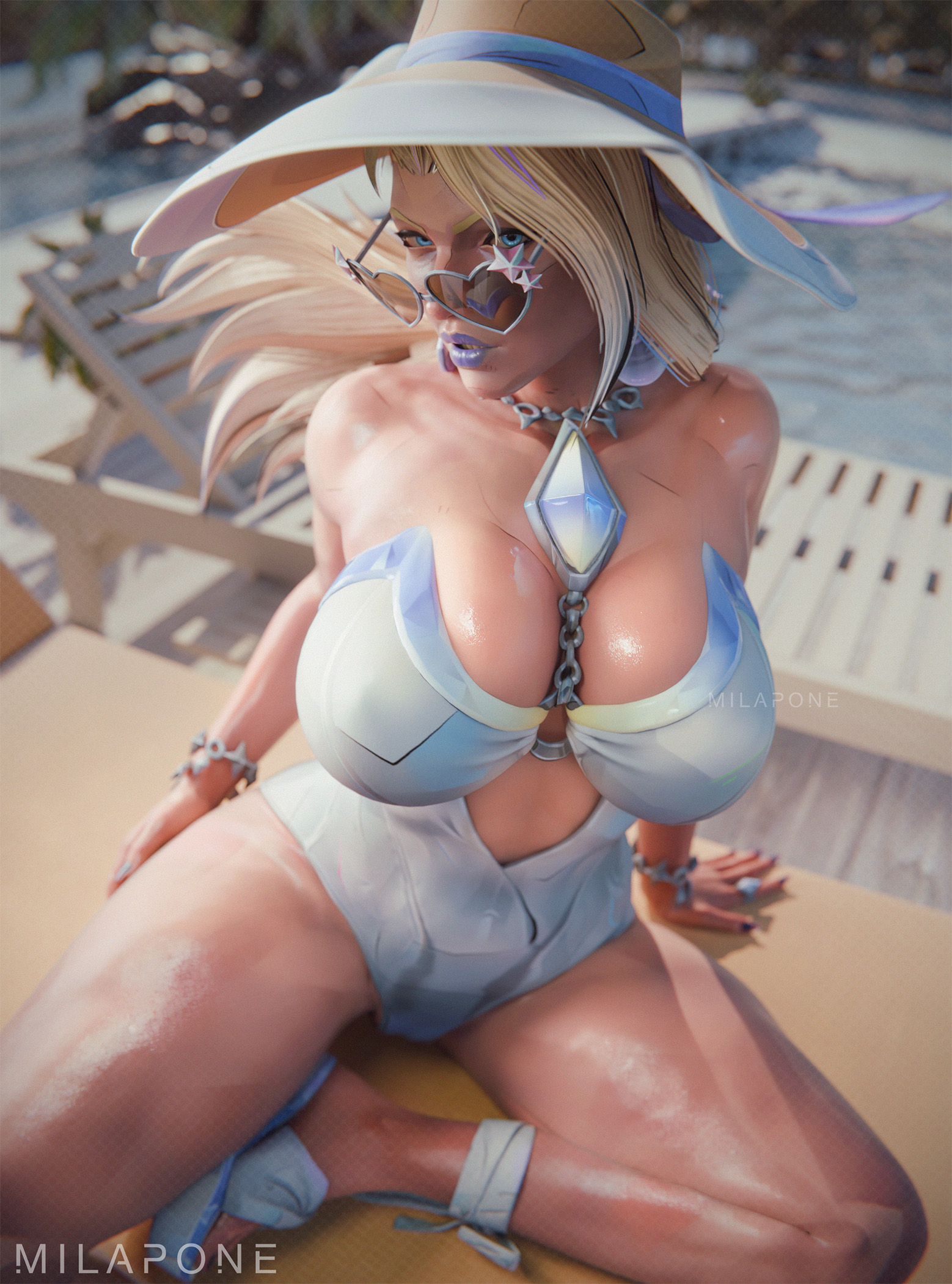 1girls, 3d, big breasts, blonde hair, blue lipstick, breasts, emma frost, emma frost (marvel rivals), emma frost (white wave queen), female, female only, light skin, light-skinned female, lipstick, looking over eyewear, looking over sunglasses, makeup, marvel, marvel comics, marvel rivals, milapone, solo, swimsuit, thick thighs, tinted eyewear