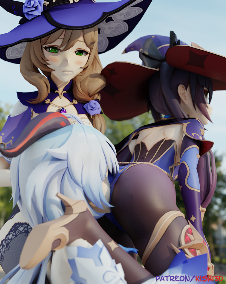 3girls, anilingus through clothes, ass, ass worship, cunnilingus through clothes, female, ganyu (genshin impact), genshin impact, kishi, lisa (genshin impact), moaning, mona (genshin impact), multiple females, multiple girls