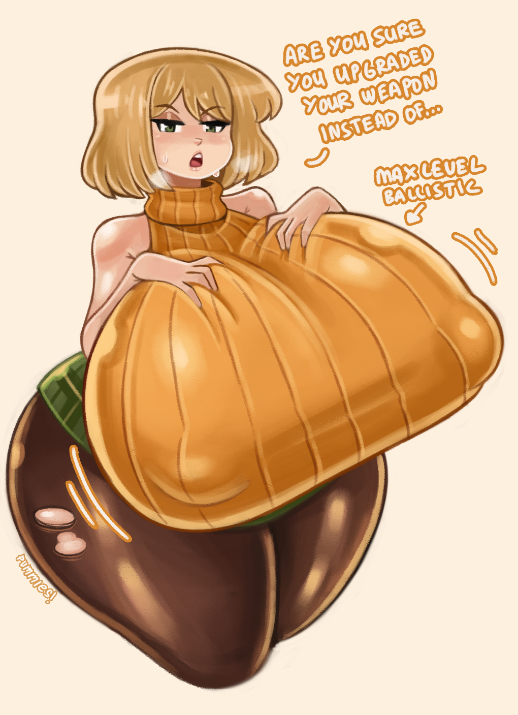 1girls, artist name, ashley graham, blonde, blonde hair, blonde-haired female, breast expansion, breast focus, breast growth, breast growth (enlargement), breast suppress, breasts, breasts bigger than head, bursting out of clothing, busty, busty female, capcom, clothed, clothing, curvaceous, curvy, curvy figure, dialogue, english, english text, erect nipples, erection under clothes, expansion, female, female only, gigantic breasts, hi res, hips, hyper, hyper breasts, light skin, light-skinned female, looking at viewer, nipples, open mouth, pantyhose, pummies, resident evil, resident evil 4, resident evil 4 remake, short hair, simple background, skirt, solo, sweater, talking to viewer, text, thick thighs, thighs, torn pantyhose, voluptuous, wide hips