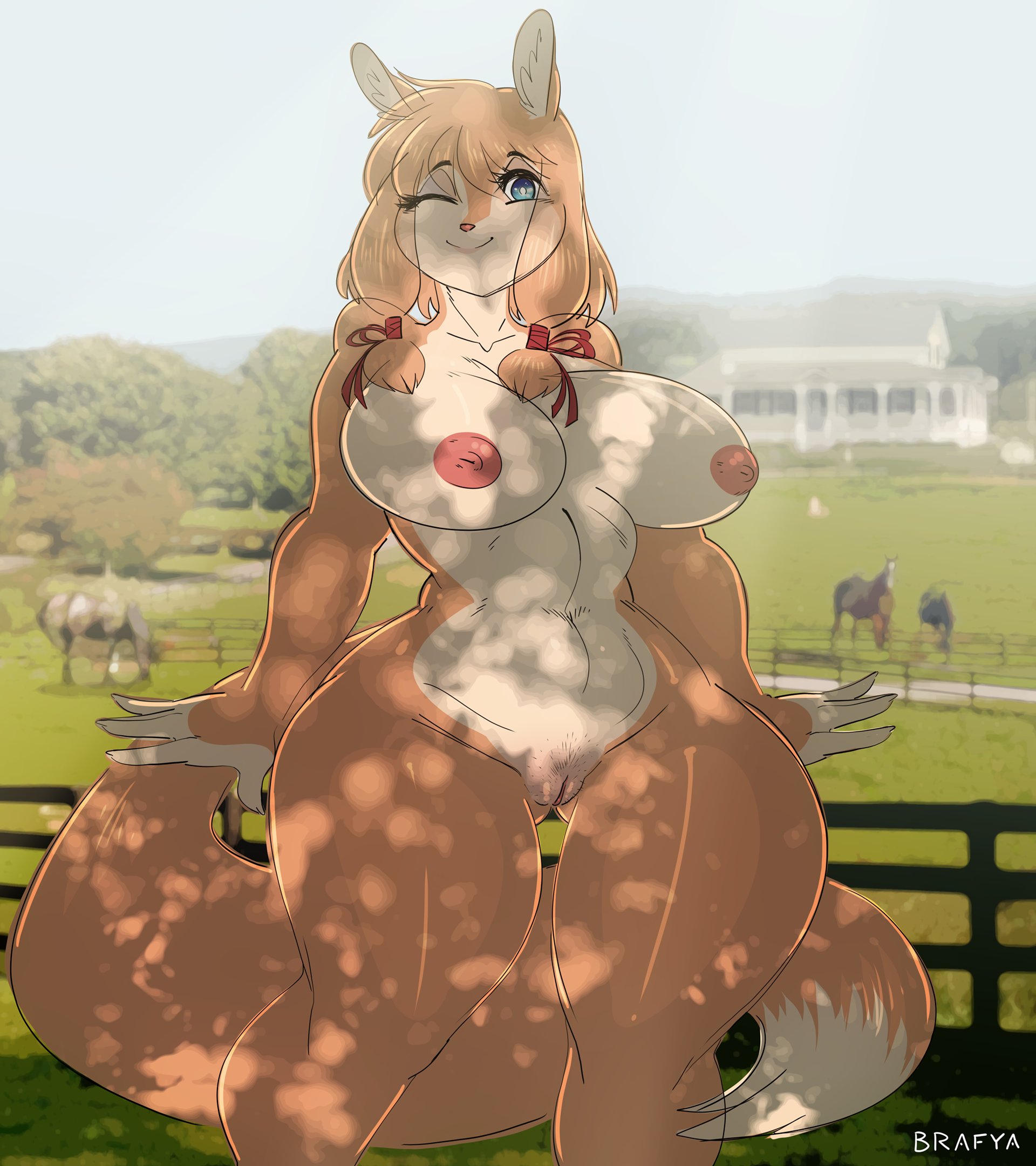 anthro, battle franky, blue eyes, breasts, detailed background, female, female only, ferra (battle franky), fluffy, fluffy tail, fox, fur, genitals, nipples, one eye closed, orange fur, orange hair, pussy, smile, solo, tail, two-tone fur