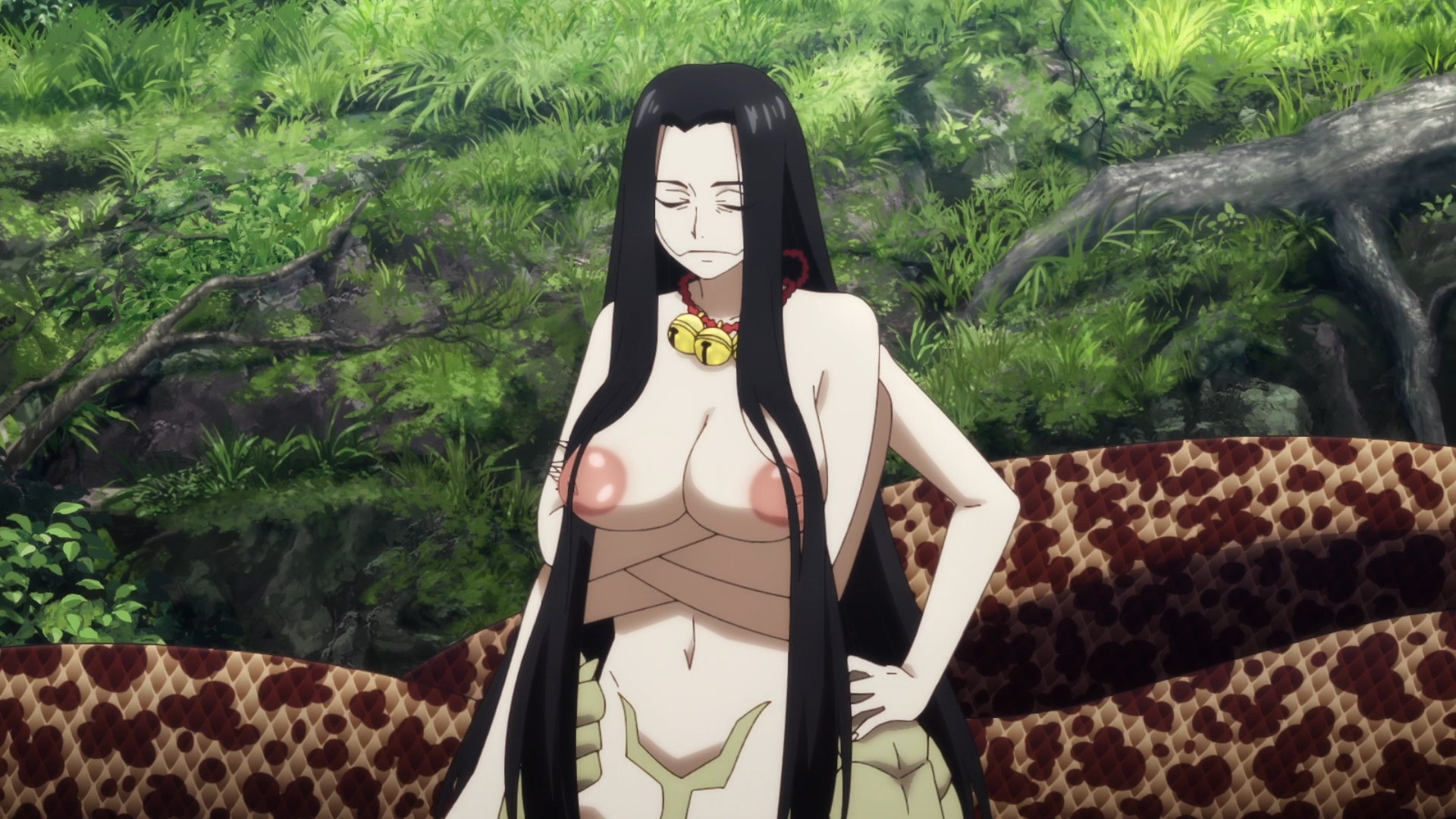 1girls, areolae, black hair, breasts, dara-san, eyes closed, inverted nipples, large areolae, large breasts, naga, navel, nipples, puffy nipples, reiwa no dara-san, screencap, topless