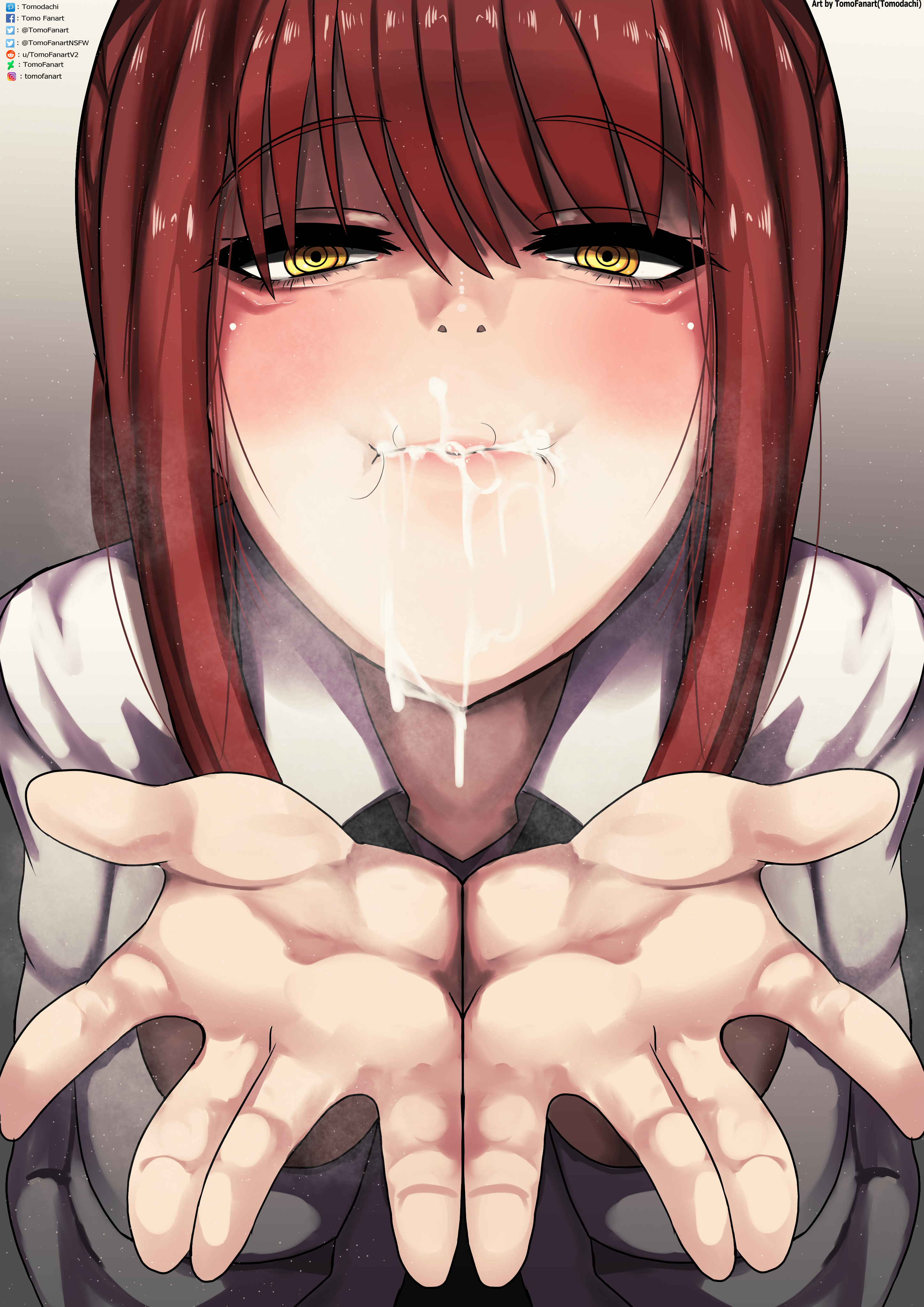 1girls, after fellatio, after oral, blush, braided hair, chainsaw man, cum, cum in mouth, cum on face, eye contact, female, fully clothed, gokkun, hands, high resolution, long hair, looking at viewer, makima (chainsaw man), pubic hair in mouth, pubic hair peek, red hair, saliva, stray pubic hair, swallowing cum, tomodachi (tomofanart), yellow eyes