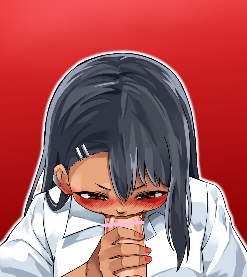 1boy 1girls big_penis black_hair blush brown_eyes censored clothed clothing cute cute_fang erection fellatio handjob hayase_nagatoro long_hair michomicho naoto_hachioji_(senpai) naughty_face open_mouth oral pants_down penis petite please_don't_bully_me,_nagatoro pov red_background revealing_clothes simple_background teenager veiny_penis