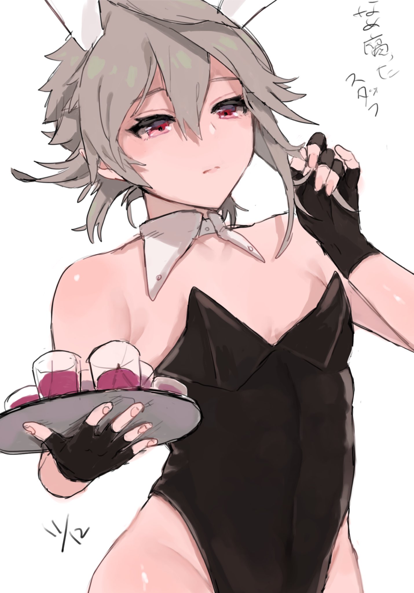 1boy, alternate costume, animal ears, blonde hair, bunny boy, bunnysuit, corrin (fire emblem), corrin (fire emblem) (male), crossdressing, detached collar, eyelashes, femboy, fingerless gloves, fire emblem, fire emblem fates, gay, girly, gloves, highres, male, male only, nintendo, otoko no ko, playboy bunny, playing with own hair, pointy ears, rabbit ears, red eyes, solo, text, translation request, trap, tray, w (1999 kyu), white background