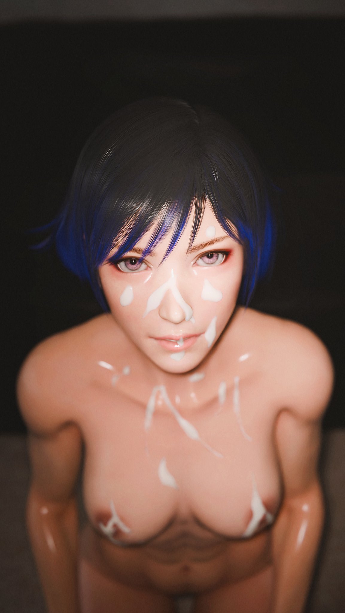 1girls, 3d, after sex, athletic, black hair, blender, cellphone picture, cum, cum on breasts, cum on face, cumshot, female, female only, forsavide, looking at viewer, medium breasts, namco, nipples, nude, purple eyes, purple highlights, reina mishima, short hair, snapchat, solo, tekken, tekken 8