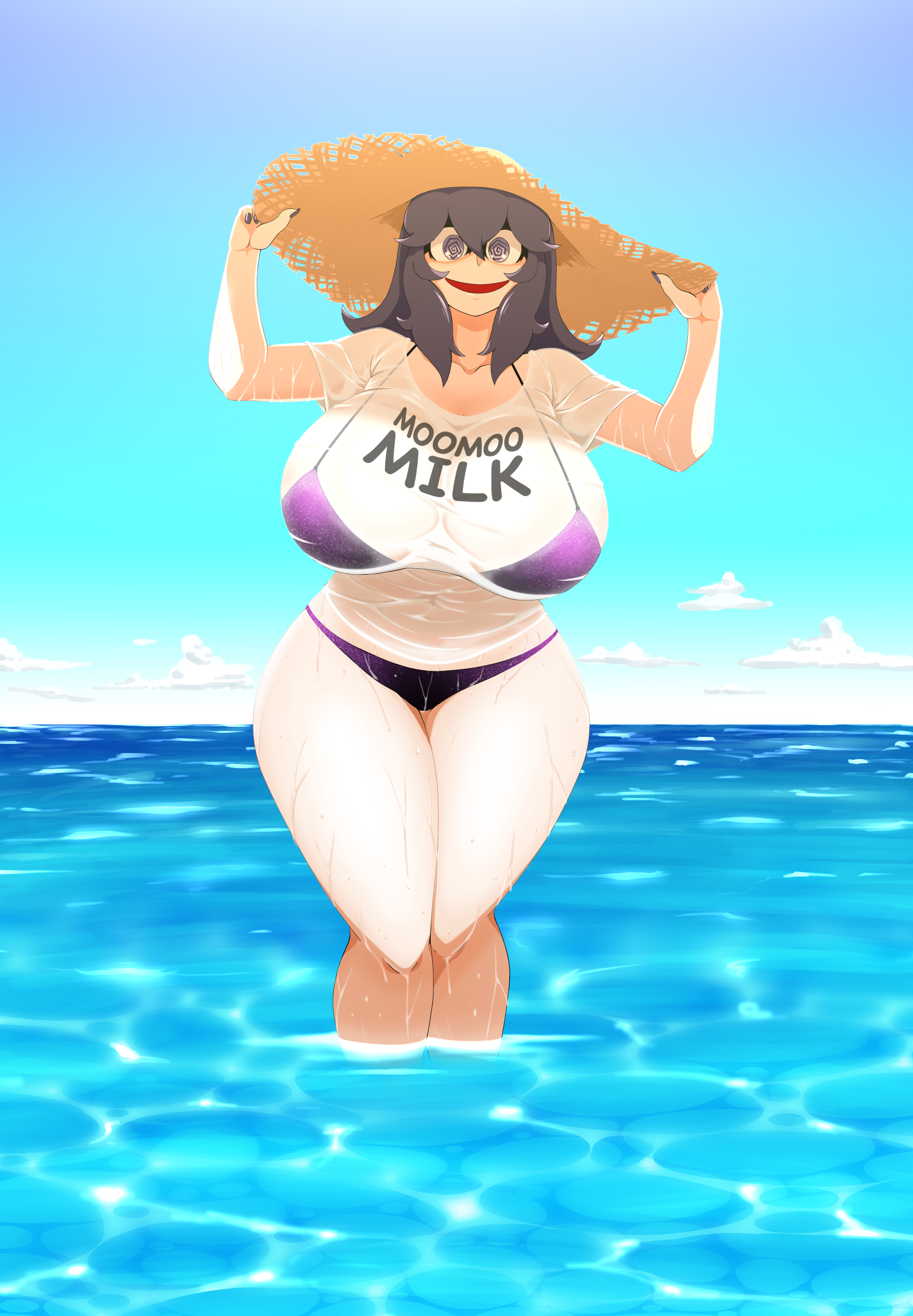 1girls, beach, bikini, cloud, curvaceous, curvy, day, female, game freak, hex maniac, long hair, looking at viewer, nikkana, nintendo, ocean, open mouth, outdoors, partially submerged, plump, pokemon, pokemon xy, purple hair, sky, smile, sun hat, voluptuous, wet, wet shirt