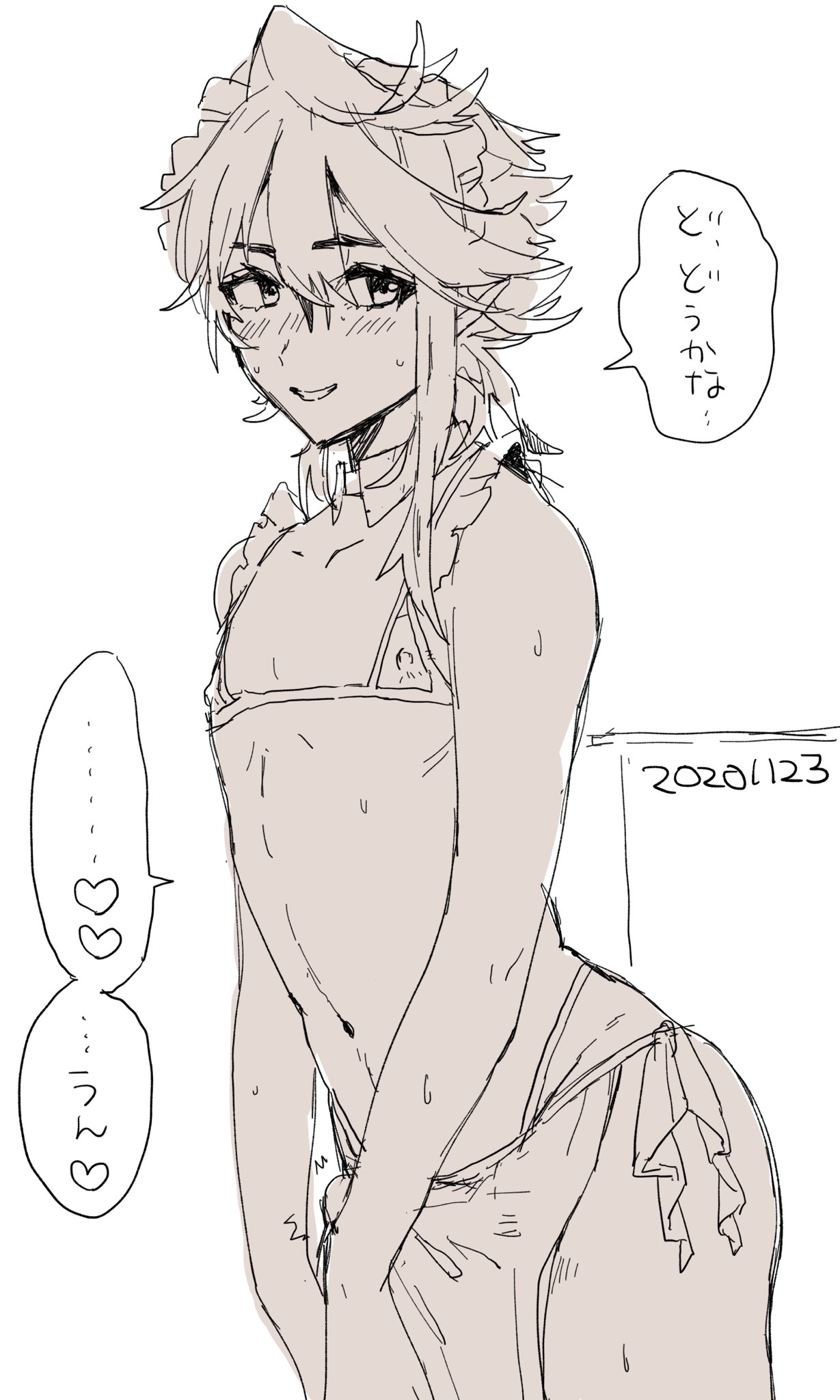 1boy, alternate costume, apron, bikini, bulge, corrin (fire emblem), corrin (fire emblem) (male), crossdressing, dated, erection, erection under clothes, femboy, fire emblem, fire emblem fates, gay, heart, highres, maid, maid headdress, male, male only, micro bikini, monochrome, navel, nintendo, nipple cutout, short hair, smile, solo, standing, swimsuit, translation request, w (1999 kyu)