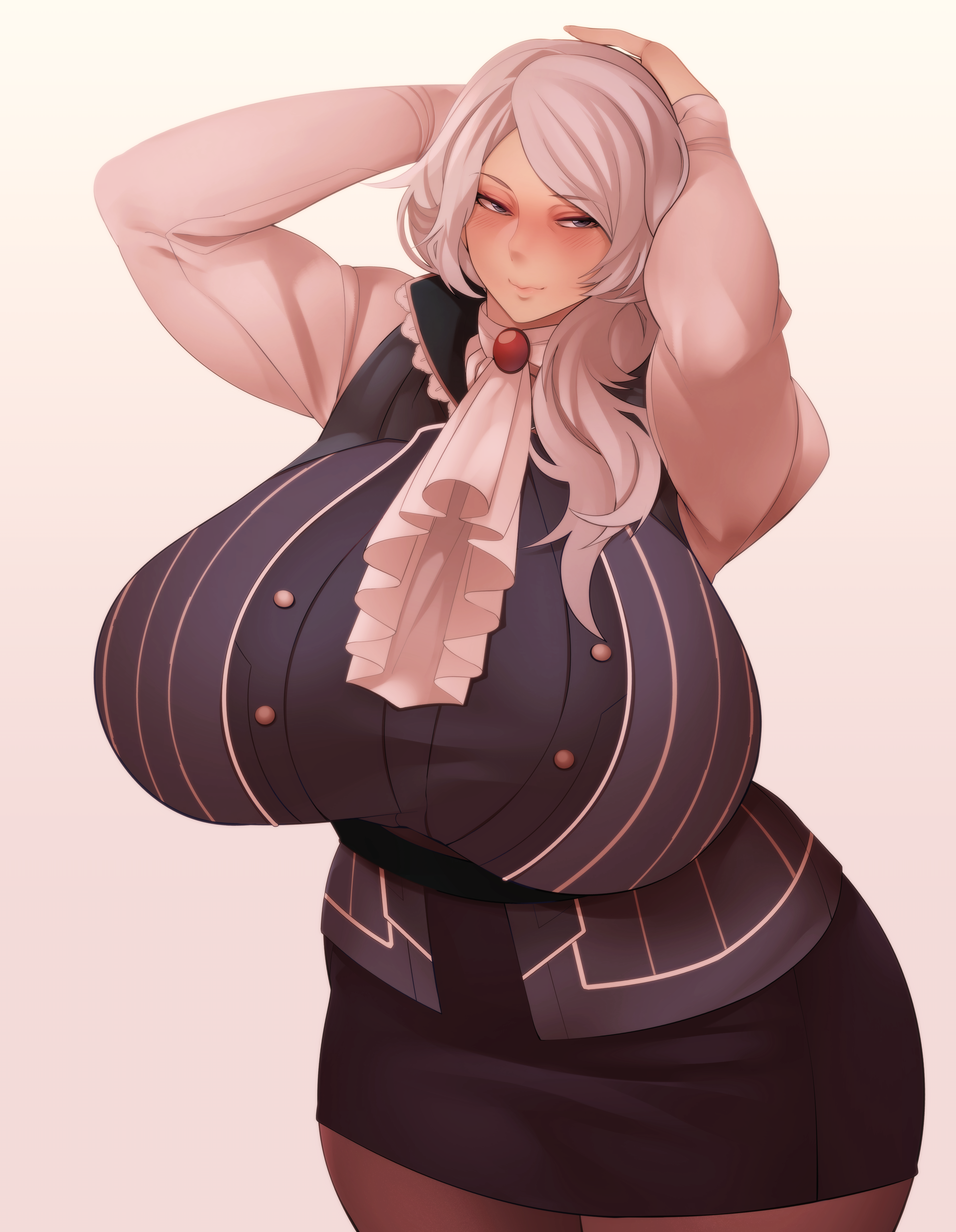 1girls, absurd res, arms behind head, bracelet, breasts, clothing, curves, curvy body, curvy female, curvy figure, female, female only, hi res, huge breasts, jewelry, large breasts, looking at viewer, looking away, mature, mature female, milf, nachocobana, pantyhose, pleated skirt, plump, rwby, skirt, solo, solo female, standing, tied hair, vest, voluptuous, white hair, willow schnee