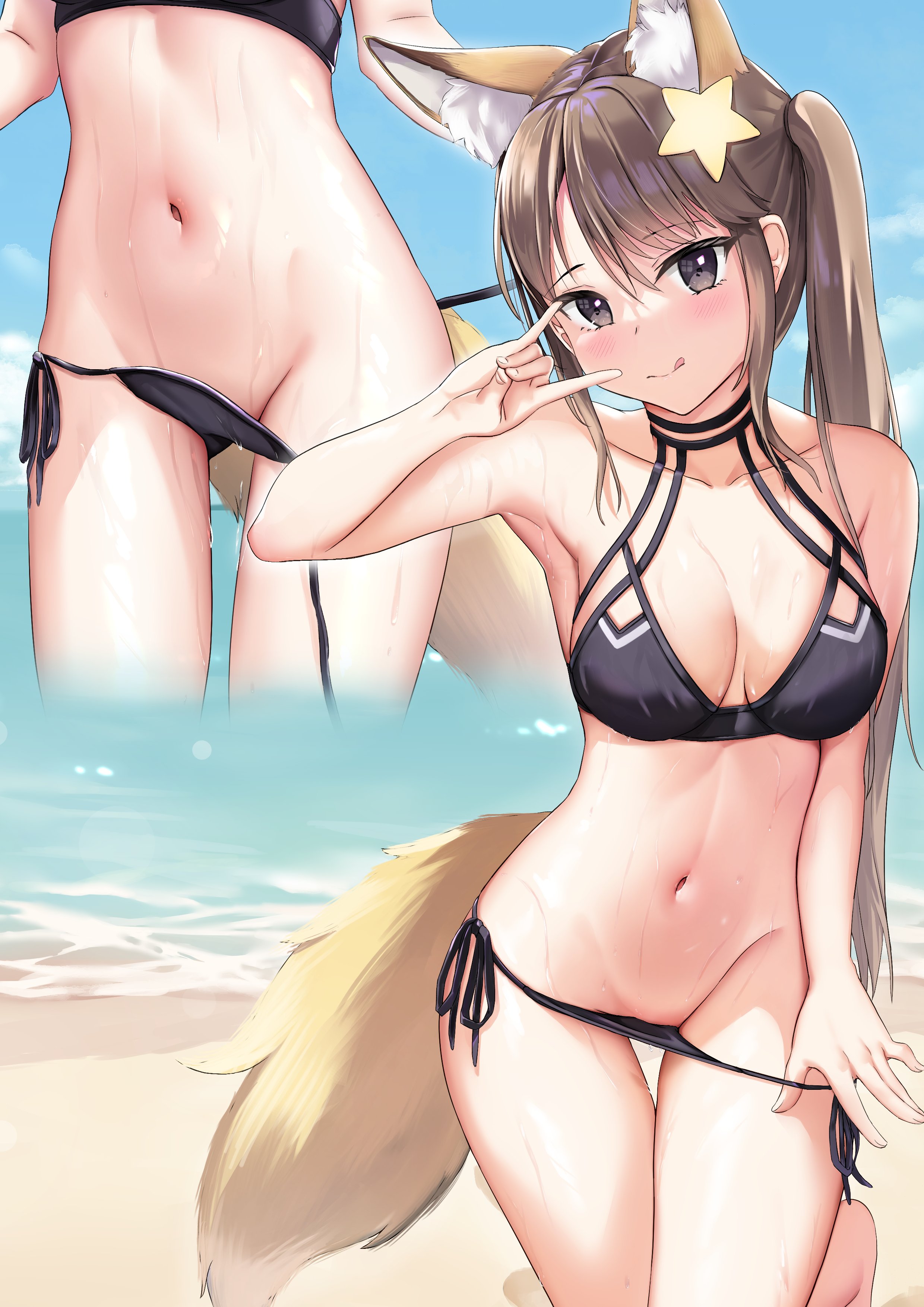 1girls, annytf, armpits, belly, belly button, bikini, bikini bottom untied, brown eyes, brown hair, female, fox ears, fox girl, fox tail, indie virtual youtuber, skai kun, star, star hair ornament, thigh gap, virtual youtuber, wet
