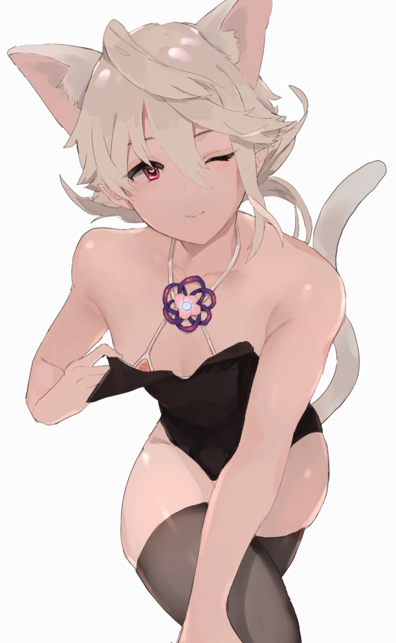 1boy, animal ears, bikini, bulge, collarbone, corrin (fire emblem), corrin (fire emblem) (male), crossdressing, eyelashes, femboy, fire emblem, fire emblem fates, gay, girly, halterneck, heart, heart-shaped pupils, highres, leaning forward, looking at viewer, male, male only, micro bikini, nintendo, one eye closed, otoko no ko, pointy ears, red eyes, solo, swimsuit, symbol-shaped pupils, tail, teasing, thighhighs, trap, undressing, w (1999 kyu), white hair, zettai ryouiki