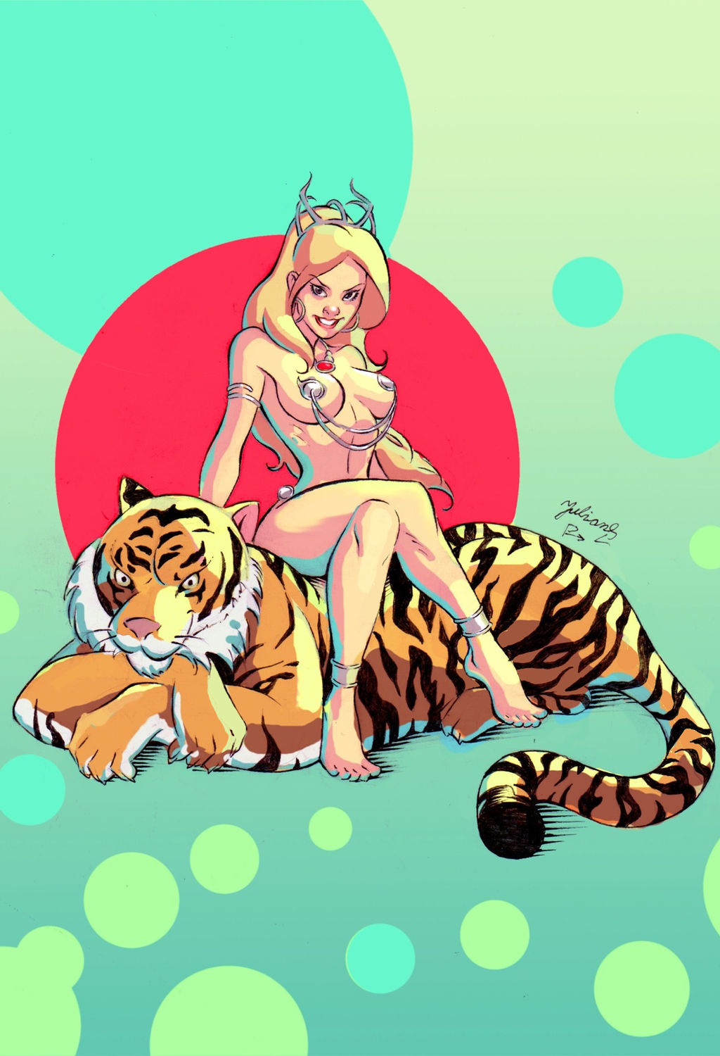 1girls anklet blonde_hair brown_eyes julianpetrov large_breasts long_hair looking_at_viewer necklace original original_character pasties sitting_on_animal tiara tiger