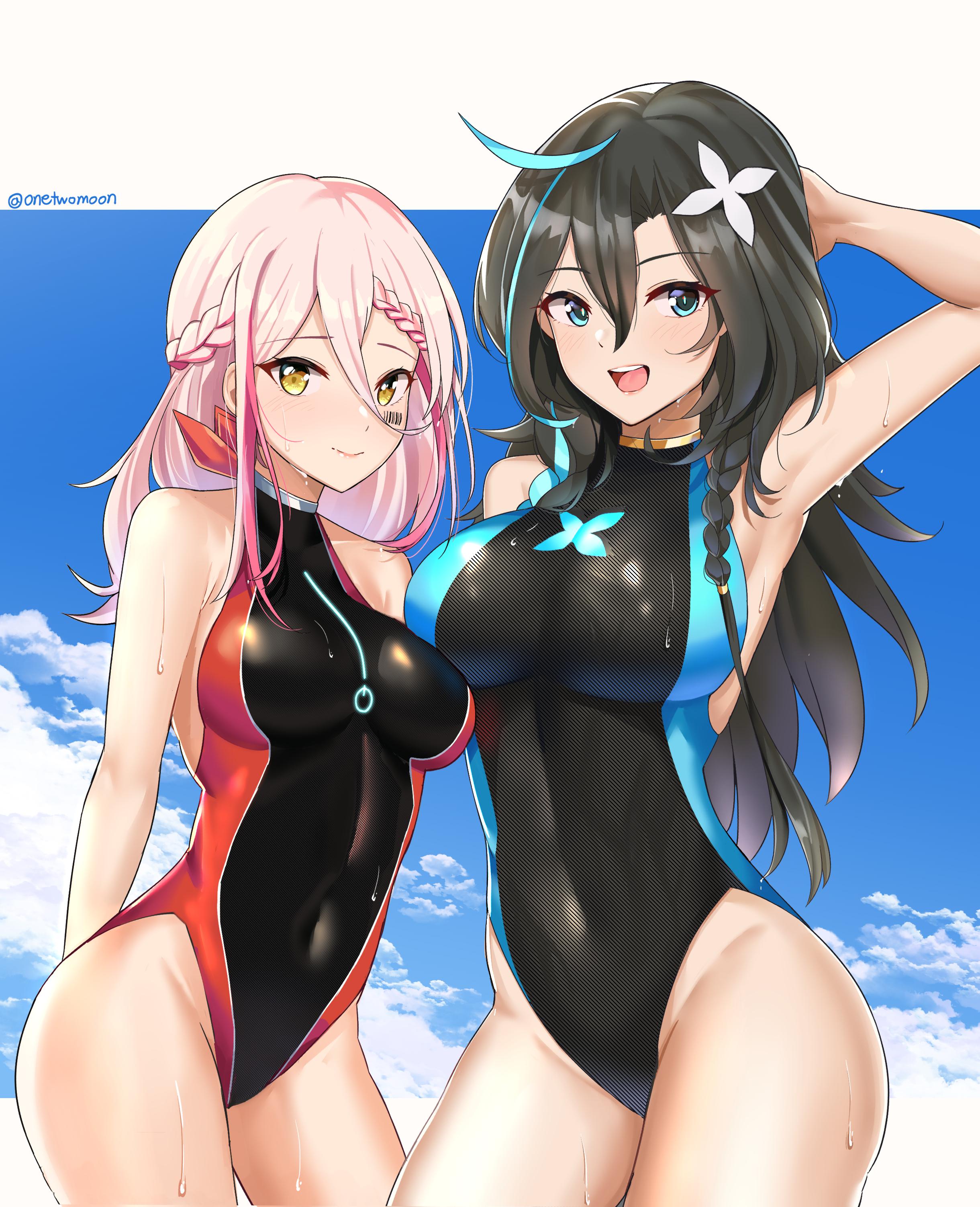 2girls, amber eyes, black hair, blue eyes, breasts, epic7, female, flan (epic7), landy (epic7), large breasts, multiple females, multiple girls, one-piece swimsuit, pink hair, twomoon