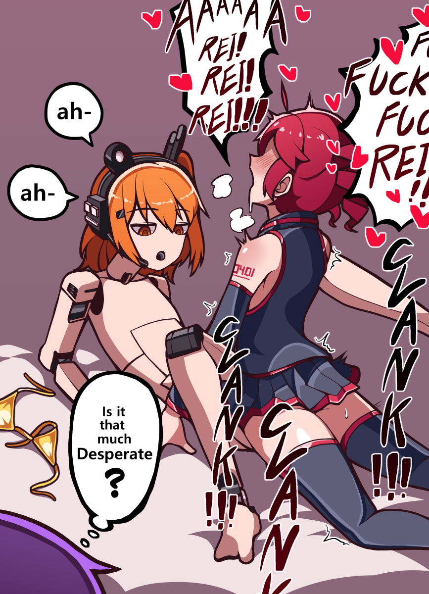 1futa, 2girls, adachi rei, bed, bikini, desperation, drill hair, english dialogue, english text, futa on female, futa with female, gold bikini, humping, implied futa, implied penetration, implied sex, kasane teto, n0 image, orange eyes, orange hair, purple hair, red hair, robot, robot girl, sex, utane uta, utau, watching sex