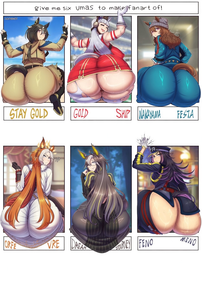6girls, ass, ass chart, big ass, chart, dream journey (umamusume), dumptruck ass, edited, fenomeno (umamusume), gold ship (umamusume), hat, huge ass, luckyshazo, multiple girls, nakayama festa (umamusume), orfevre (umamusume), sitting, square, stay gold (umamusume), text, umamusume, umamusume pretty derby