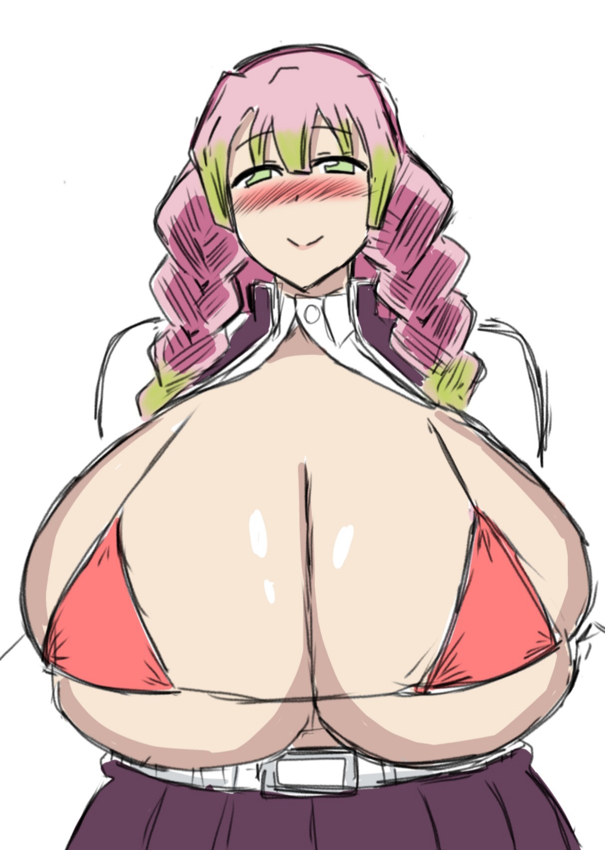 big breasts, bikini, braided hair, breasts, demon slayer, enormous breasts, female, female only, huge breasts, kanroji mitsuri, kimetsu no yaiba, looking at viewer, micro bikini, momiji (artist), open shirt, pink hair, smile, solo, two-tone hair