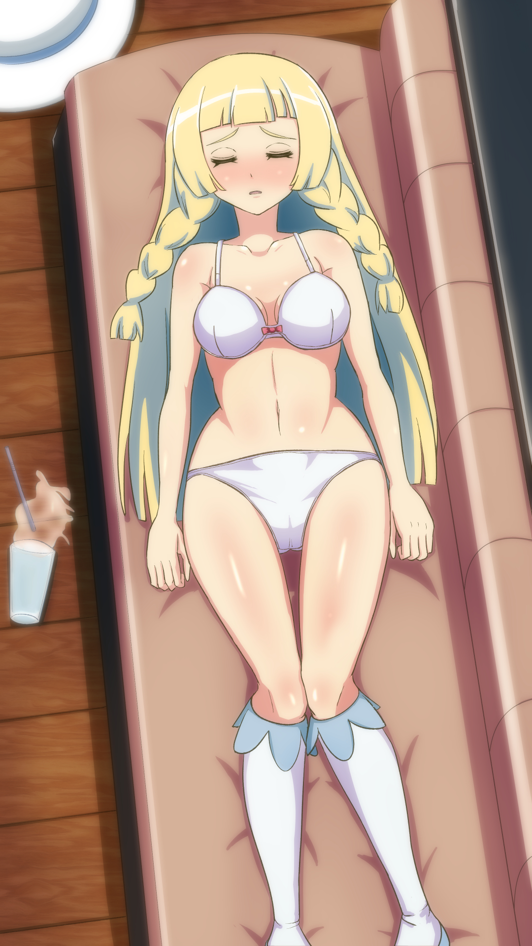 1girls, blonde hair, blush, bra, braids, breasts, closed eyes, female, hat, legwear, lillie (pokemon), long hair, nintendo, panties, pokemon, pokemon sm, sinabi, sleeping, solo, thighs, underwear, white legwear