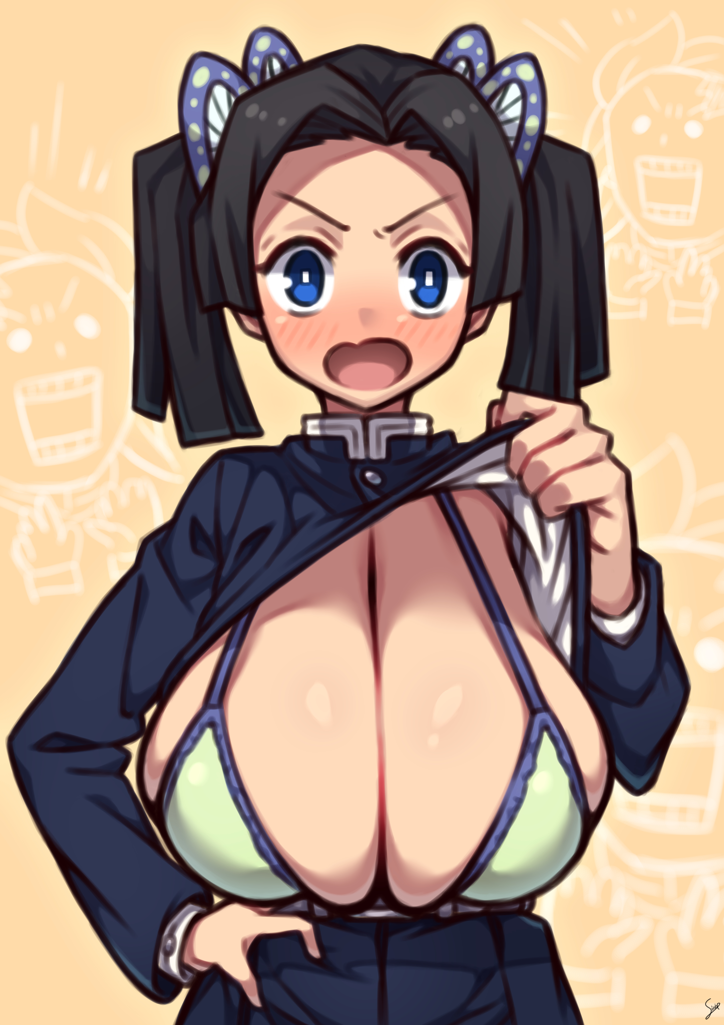 1girls, big breasts, black hair, blue eyes, blush, breasts, bursting breasts, butterfly hair ornament, cleavage, coffeelove68, demon slayer, female, female only, huge breasts, kamado tanjirou, kanzaki aoi (kimetsu no yaiba), kimetsu no yaiba, large breasts, looking at viewer, massive breasts, open mouth, ribbon, sagging breasts, shirt lift, showing breasts, solo, twintails